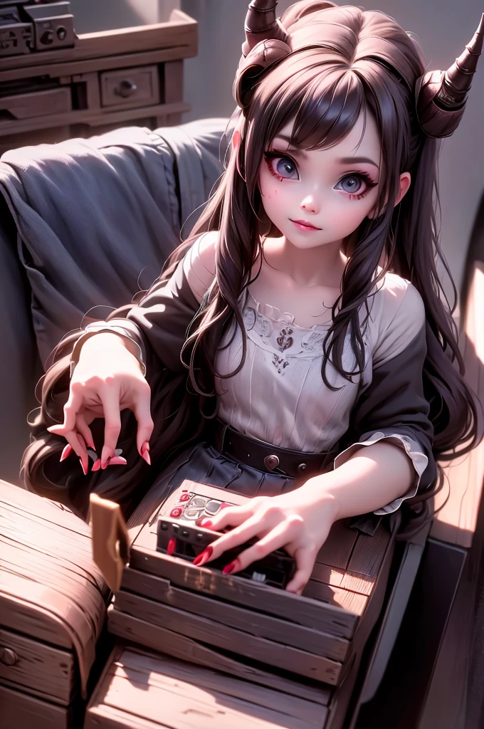 a girl, demon, demongirl, horns, in Internet cafe, Sitting in a gaming chair, banging on a keyboard, playing a game of Castlevania, masterpiece, Smokey eyes makeup, pale skin, oil paint style,huoshen, Outstanding picture quality, perfect detail, interior, better_hands, futureaodai, More Detail
