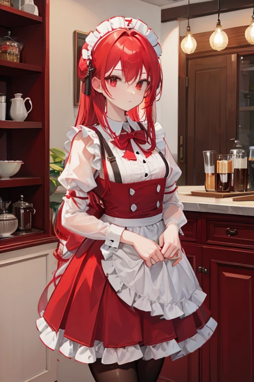 A red haired maid with red eyes is standing in a kitchen