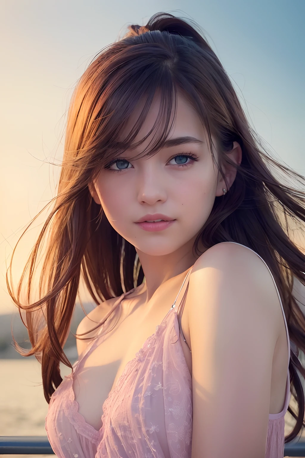 (8k, Best Quality, Masterpiece:1.2), (Realistic, Photorealistic:1.37), Ultra Detail, 1 Girl,Cute,Solo,Beautiful Detailed Sky,Date,(Blush),(Smile:1.15),(Closed Mouth)Small Breasts,Beautiful Detailed Eyes,(Long Hair: 1.2),Floating Hair NovaFrogStyle, Upper Body, Tank Top