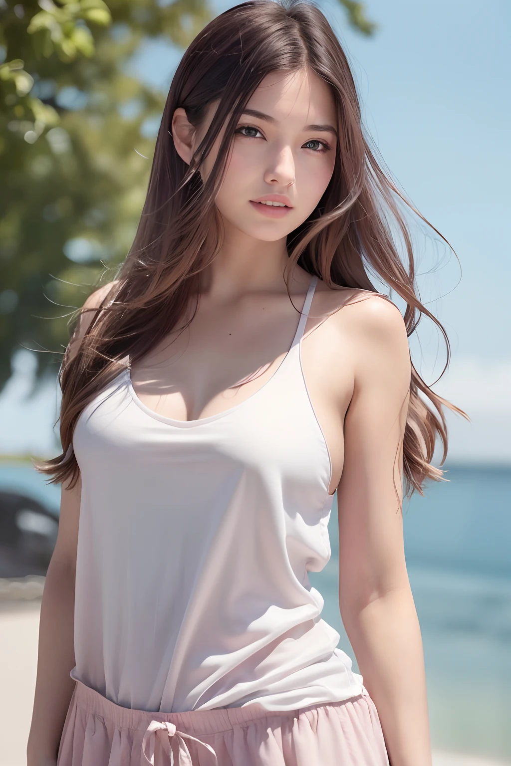 (8k, Best Quality, Masterpiece:1.2), (Realistic, Photorealistic:1.37), Ultra Detail, 1 Girl,Cute,Solo,Beautiful Detailed Sky,Date,(Blush),(Smile:1.15),(Closed Mouth)Small Breasts,Beautiful Detailed Eyes,(Long Hair: 1.2),Floating Hair NovaFrogStyle, Upper Body, Tank Top