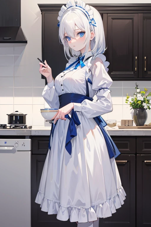 A white haired maid with blue eyes is standing in a kitchen