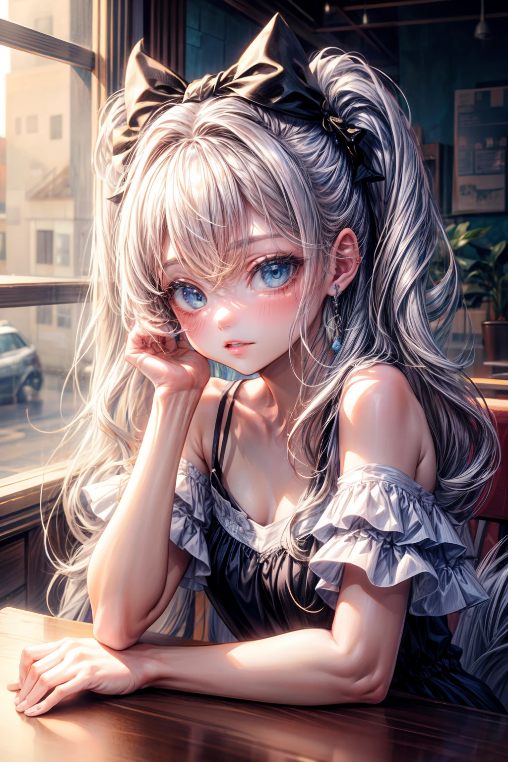 Amidst a surreal scene, a figure stands with unique and striking features. Their grey hair cascades down, glistening with moisture, forming a mesmerizing hair bikini, revealing inner hair of vivid colors. Atop their head sits a maid headdress, a nod to tradition. Strikingly contrasting the innocence, demon horns emerge, asserting a celestial and infernal connection. Their pupils are a captivating paradox, mismatched with devil pupils, displaying both light and darkness. As god rays illuminate the silhouette from the side, an enigmatic presence is unveiled, one that seems to transcend both mortal and ethereal realms.