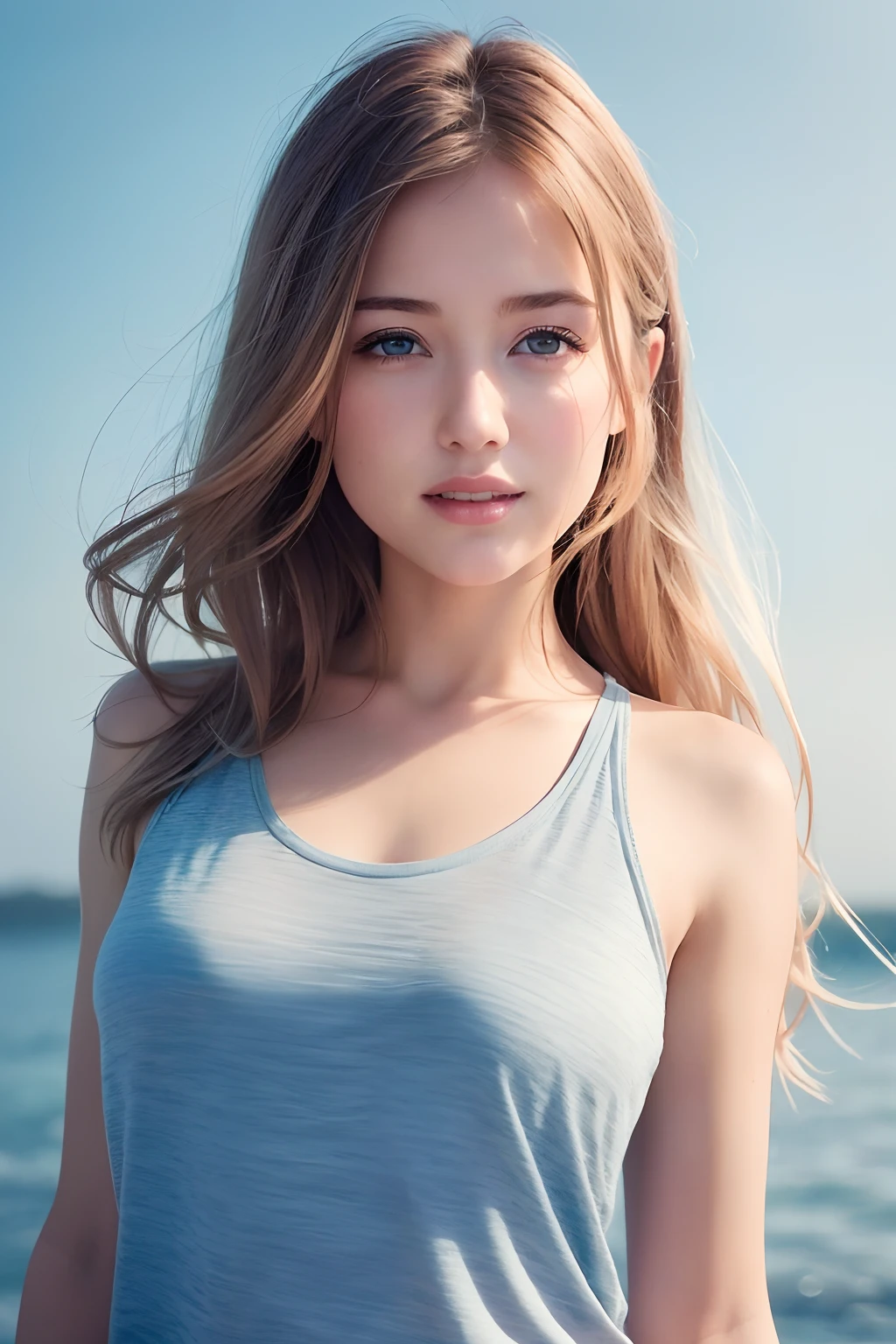 (8k, Best Quality, Masterpiece:1.2), (Realistic, Photorealistic:1.37), Ultra Detail, 1 Girl,Cute,Solo,Beautiful Detailed Sky,Date,(Blush),(Smile:1.15),(Closed Mouth)Small Breasts,Beautiful Detailed Eyes,(Long Hair: 1.2),Floating Hair NovaFrogStyle, Upper Body, Tank Top