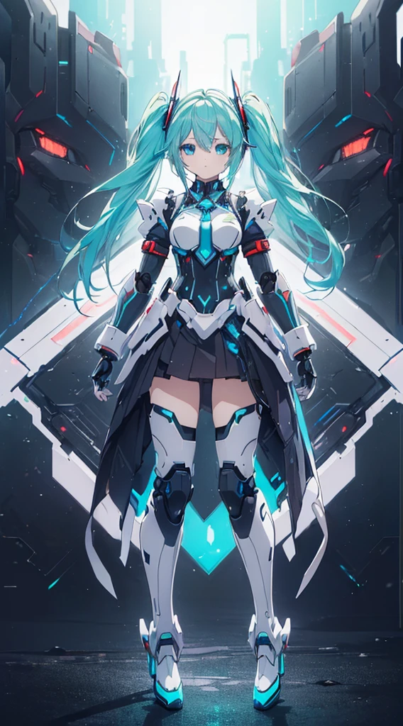 ((((masterpiece, high quality, very_high_resolution, anime colored, high quality)))) hatunemiku VOCALOID, twintail, turquoise hair, mecha, 1girl, cyberpunk, realistic, mechanical parts, robot joints, headgear, full armor, high heels, armor color{{{{white}}}},high quality,