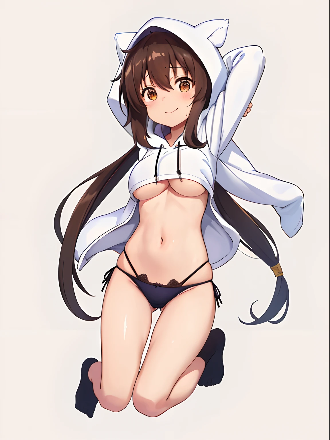 Cartoon girl wearing a hoodie and a white shirt, in a hoodie, girl wearing hoodie, wearing hoodies, Wearing a hoodie, Wearing hoodie, full_Body!!, by Naka Bokunen, Full body!!, yuruyuri, an anime girl, black haired girl wearing hoodie, (Anime Girl), Wearing a hoodie and sweatpants、32K, 8K, (In the chest:1.2), Arms above the head, ((Opening legs)), masterpiece, Gorgeous lace string underwear in dark blue、((T-back panties that dig into the crotch))、Japan idle, Wide waist, ((open one's legs)), (Sloppily open your mouth), (Open both eyes wide), sweaty and shiny skin, Brown hair, poneyTail、Look at viewers , full body Esbian、perfect bodies、Luxury hotel lounges、1girl in、25-years old、large boob、I can see the lower breasts、full body Esbian、A dark-haired、hotpants、pantiy、Beach、A slight smil、