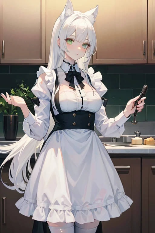 A white haired maid with green eyes and white wolf ears and a white wolf tail is standing in a kitchen