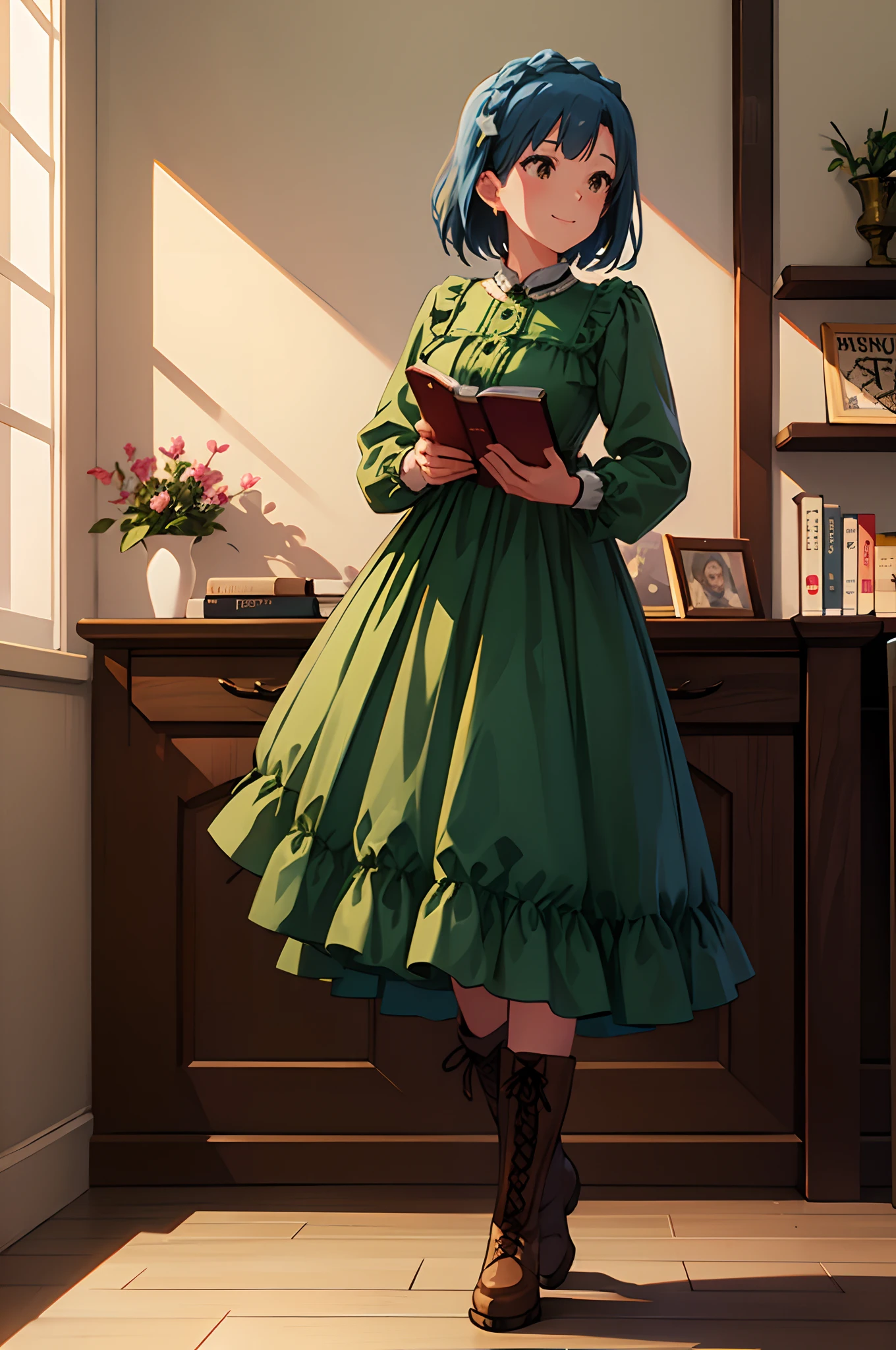 yuriko nanao (million live), 1 girl, Solo, Cute Girl, Best Quality, Ultra-detailed, 8K, High resolution, Detailed face, (Cinematic Angle), Bob Hair, light smile, vintage dress, green dress, brown boots, laced up boots, ((holding a book)), a lot of books, bookshelf,