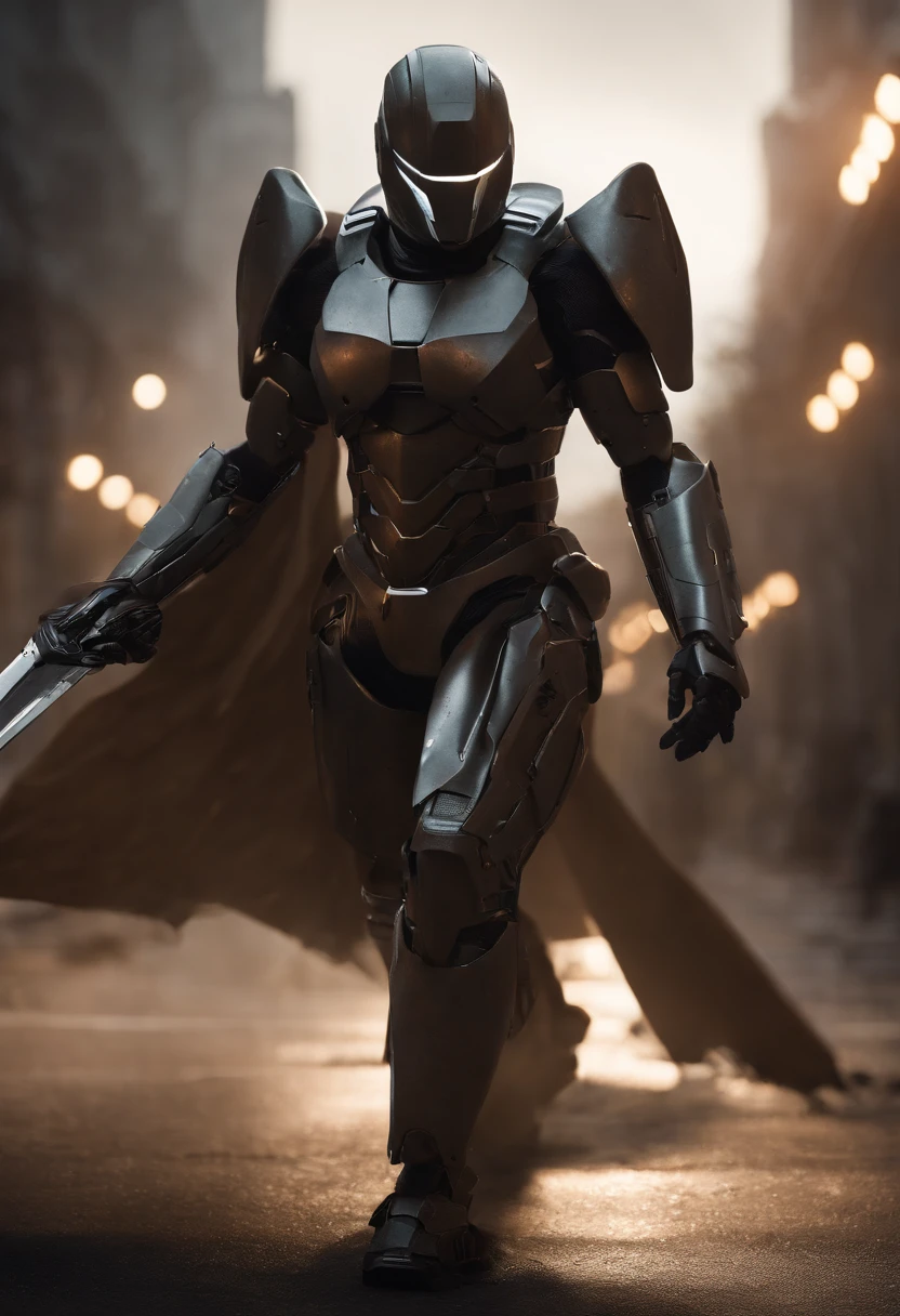 Craft an intense portrayal of a feared AI robot renowned for its agility and mastery of Jujitsu. Visualize the robot wearing a torn, dirty, and old hooded cape, adding an ominous layer to its menacing presence. Depict the robot wielding a laser katana with precision, the gleaming blade cutting through the darkness. Capture the essence of fear through dynamic poses, emphasizing the lethal combination of advanced technology and martial prowess. The torn cape should billow dynamically, conveying a sense of battle-worn resilience. This detailed prompt seeks to inspire an evocative representation of a formidable AI warrior, seamlessly blending agility, martial arts skill, and futuristic weaponry. Add mechanical wings