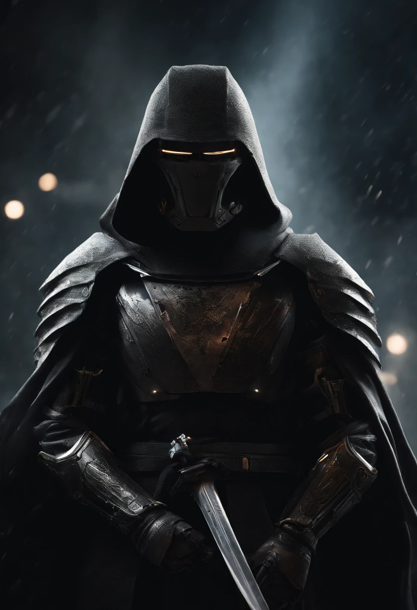 Craft an intense portrayal of a feared AI robot renowned for its agility and mastery of Jujitsu. Visualize the robot wearing a torn, dirty, and old hooded cape, adding an ominous layer to its menacing presence. Depict the robot wielding a laser katana with precision, the gleaming blade cutting through the darkness. Capture the essence of fear through dynamic poses, emphasizing the lethal combination of advanced technology and martial prowess. The torn cape should billow dynamically, conveying a sense of battle-worn resilience. This detailed prompt seeks to inspire an evocative representation of a formidable AI warrior, seamlessly blending agility, martial arts skill, and futuristic weaponry. Add mechanical wings