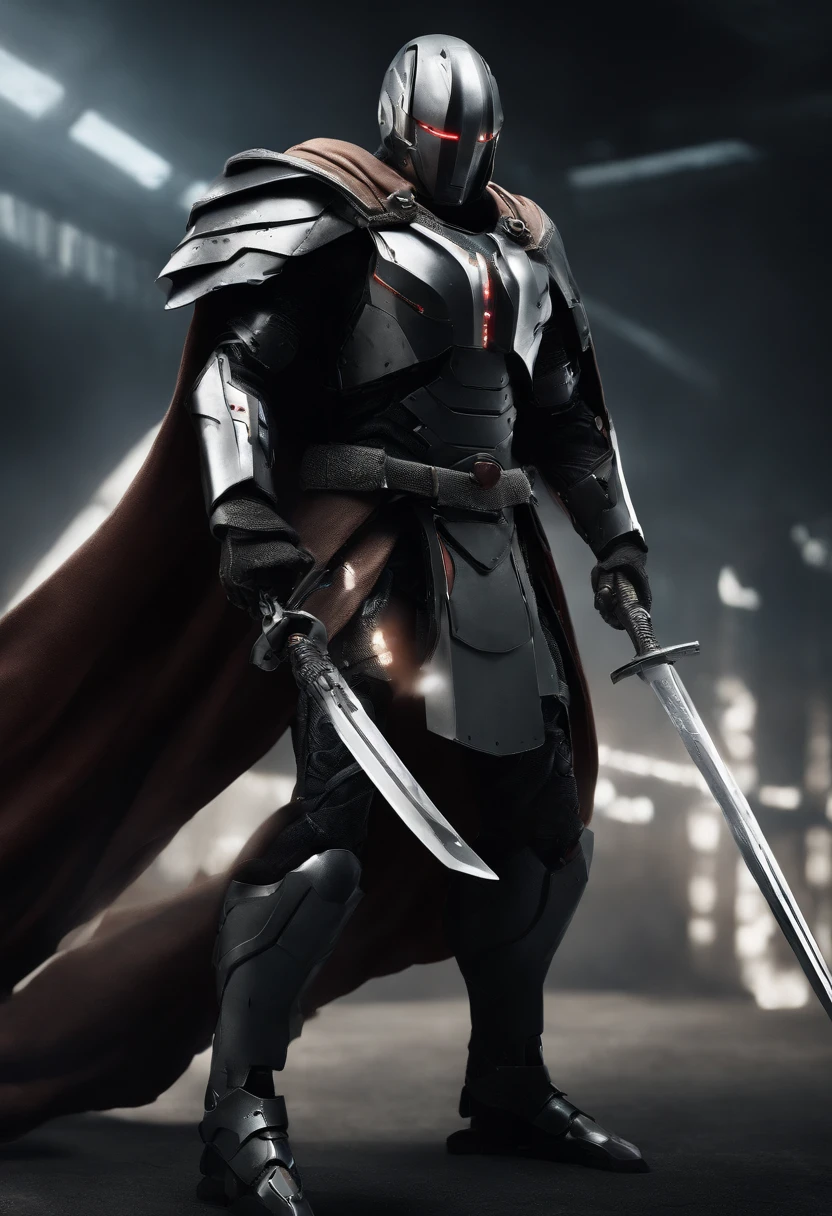 Craft an intense portrayal of a feared AI robot renowned for its agility and mastery of Jujitsu. Visualize the robot wearing a torn, dirty, and old hooded cape, adding an ominous layer to its menacing presence. Depict the robot wielding a laser katana with precision, the gleaming blade cutting through the darkness. Capture the essence of fear through dynamic poses, emphasizing the lethal combination of advanced technology and martial prowess. The torn cape should billow dynamically, conveying a sense of battle-worn resilience. This detailed prompt seeks to inspire an evocative representation of a formidable AI warrior, seamlessly blending agility, martial arts skill, and futuristic weaponry. Add mechanical wings