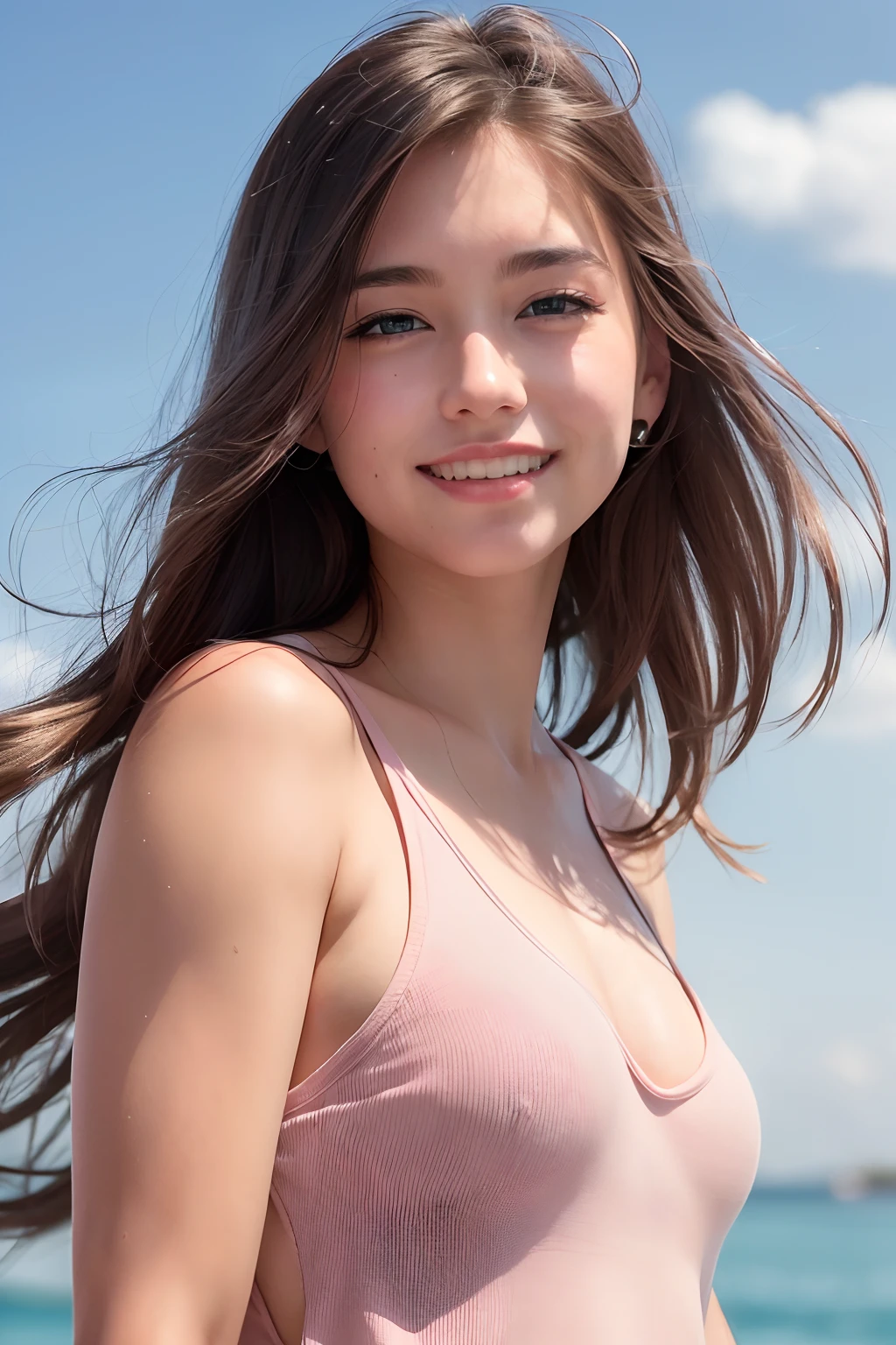 (8k, Best Quality, Masterpiece:1.2), (Realistic, Photorealistic:1.37), Ultra Detail, 1 Girl,Cute,Solo,Beautiful Detailed Sky,Date,(Blush),(Smile:1.15),(Closed Mouth)Small Breasts,Beautiful Detailed Eyes,(Long Hair: 1.2),Floating Hair NovaFrogStyle, Upper Body, Tank Top