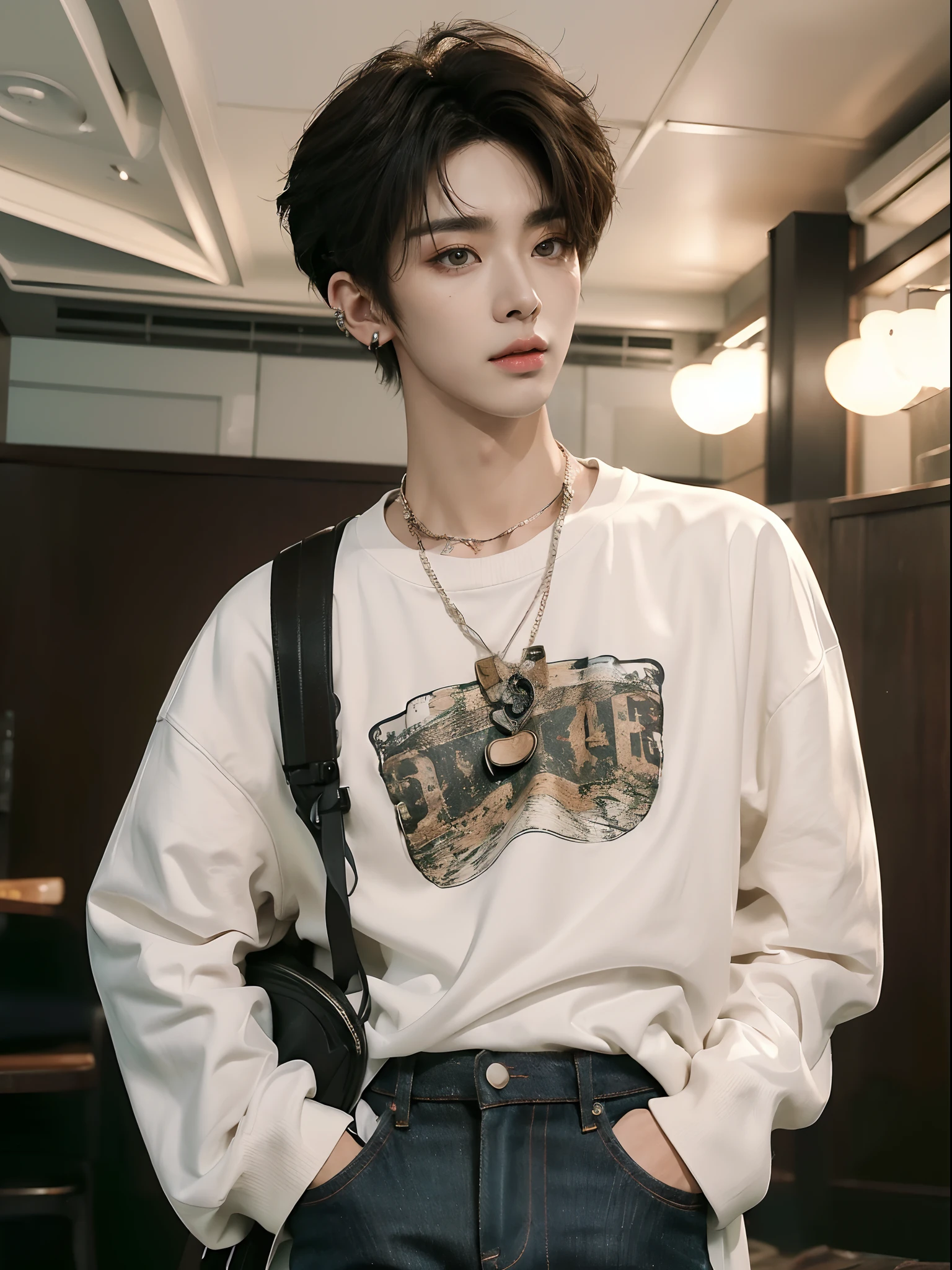 ((4K works))、masterpiece、(top-quality)、((high-level image quality))、((One Manly Boy))、Slim body、((Attractive and sexy jeans fashion))、((Men's Fashion))、(Detailed beautiful eyes)、In a soundproof room、Record a song、Face similar to Chaewon in Ruseraphim、((short hair above the ears))、((Smaller face))、((Neutral face))、((Brown eyes))、((Korean boy))、((18year old))、((Handsome man))、((sings))、((Korean Makeup))、((elongated and sharp eyes))、((Like a celebrity))、Everyday photography、((Shot alone))、((Shot diagonally from the side))、((Upper body photography))、((He stands in front of the microphone stand))
