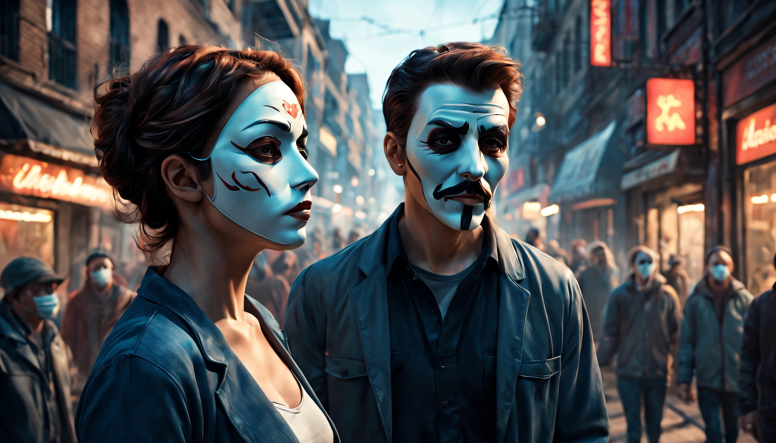 illustration close up very sad man and sad women wearing casual clothes and theatrical masks in front of crowd of regular people in theatrical masks walking through urban street, , light, dynamic lighting, impalpable tension, intricate masks, 8k resolution, dramatic shadows, volumetric obs view from the front vibrant color scheme by artgem and greg rutkowski, trending on artstation,masterpiece