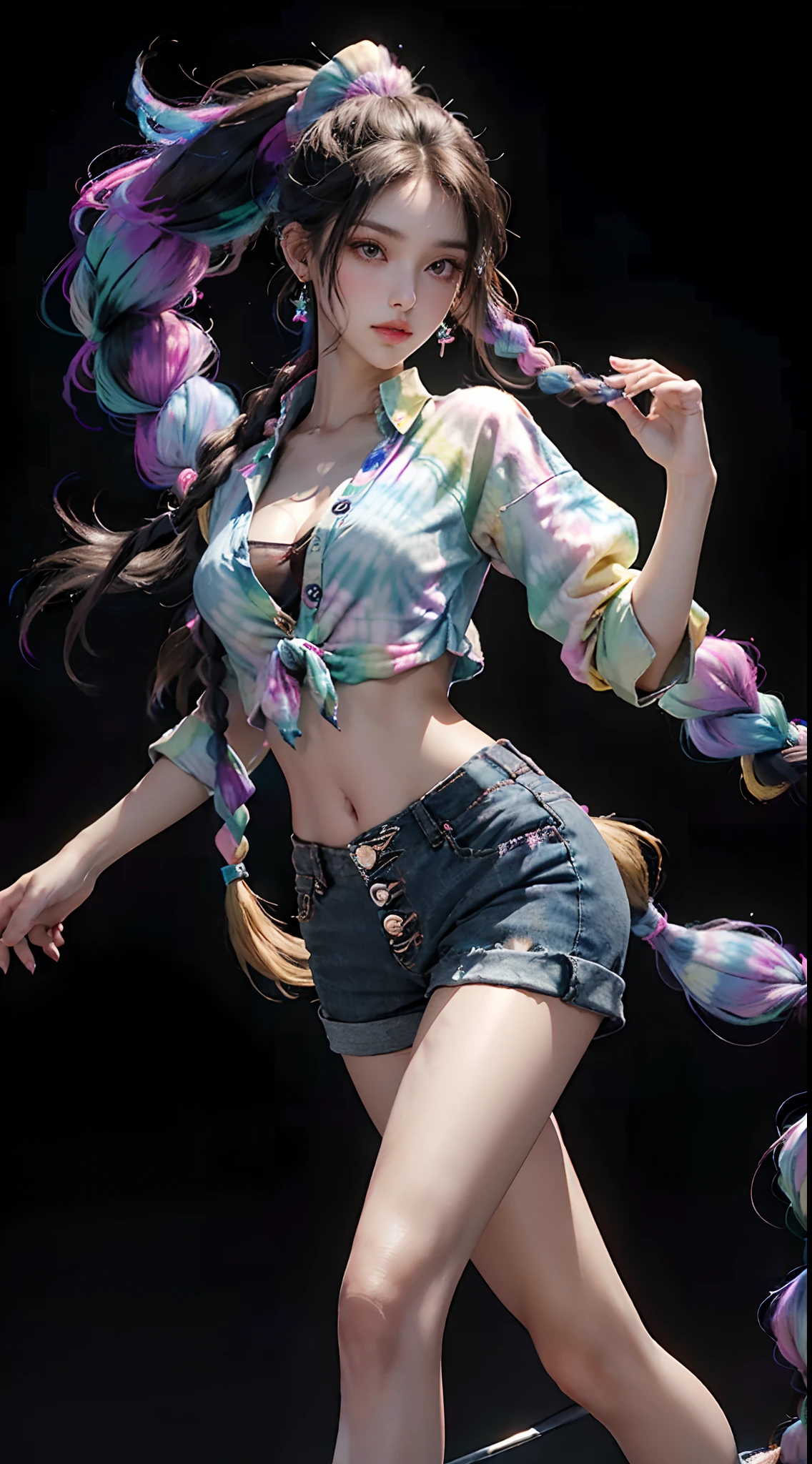 (wearing light Tie-dye button-through shirt, ultra short pants, bared legs, Stiletto heel studded pumps,:1.3), (Long Braided Ponytail hair:1.3), Extremely cute human eighteen year old girl, bare legs, very beautiful and feminine, short, petite, beautiful breast, small, busty buttocks, large bust, large breast, bare legs, bare legs, cleavage display, flat belly display, detailed eyes, detailed nose, super detailed on face, partial accessory with earring on the ear, very stylish, award-winning product design, tights, bare legs, Shiny breast top opens at the cleavage and abdomen, stylish, glowing trims, atmospheric perspective, 8k, super detail, Accurate, best quality,