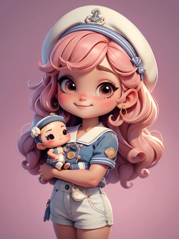 Create a series of cute baby chibi afro style afro dolls with a cute sailor theme, each with lots of detail and in an 8K resolution. All dolls should follow the same solid background pattern and be complete in the image, mostrando o (corpo inteiro, incluindo as pernas: 1.5)

Boneca Mini marinheiro:  menina afro, Seus olhos devem ser grandes e expressivos, with long eyelashes and rosy cheeks. Sorriso delicado e branco. Marina deve estar vestida com uma camisa, Camiseta, trousers and an ornate sailor's hat. She must hold navigation accessories. Certifique-se de adicionar detalhes nas roupas, such as buttons and pockets, sapato bonito

Certifique-se de adicionar sombras, texturas e detalhes nos cabelos, roupas, Sailor utensils, to make them even more adorable and charming.