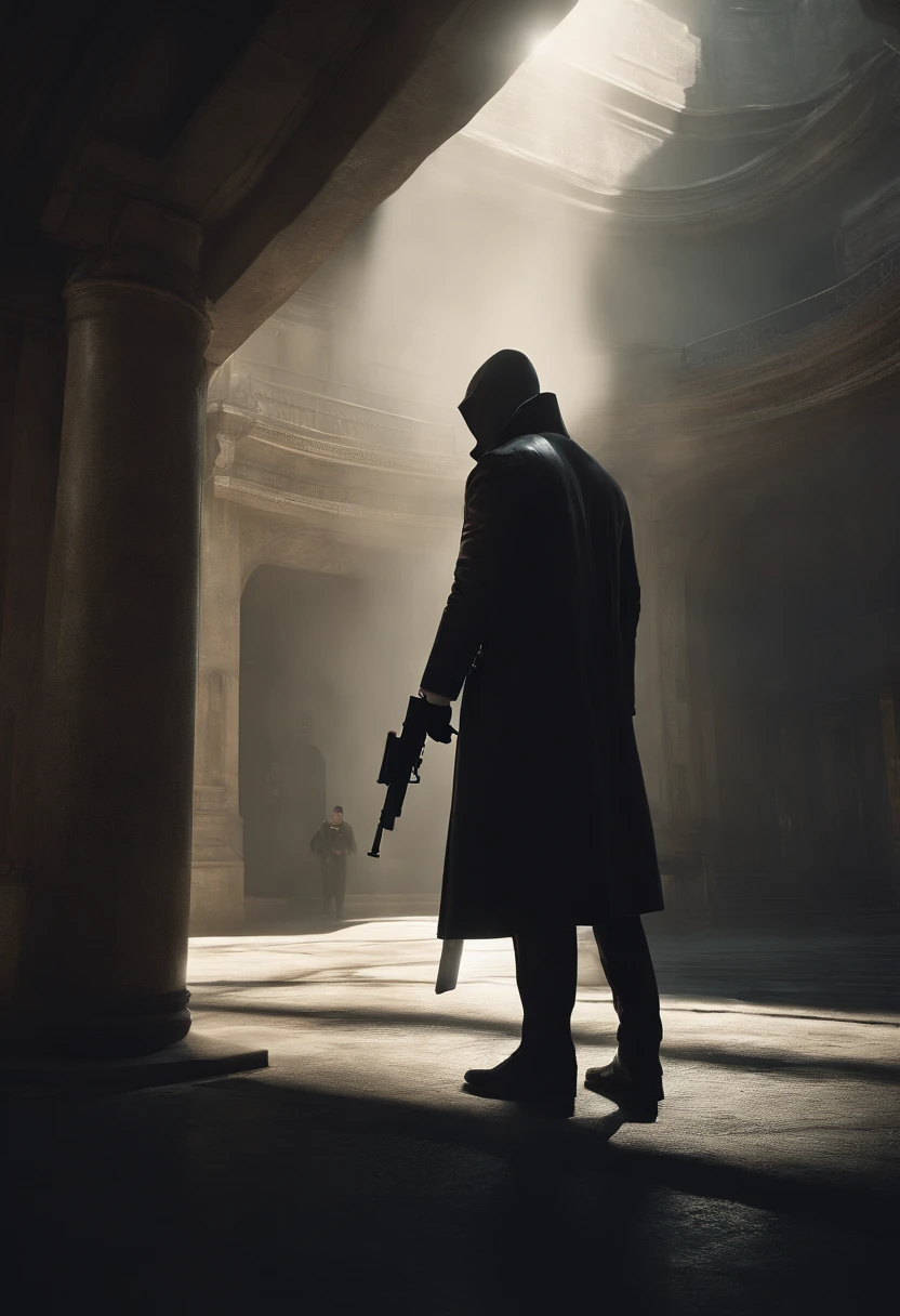 Generate a striking depiction of a 2077 AI hitman navigating a dusty and eerie world. Envision the hitman clad in a hooded cloak, strategically concealing broken parts to maintain an air of mystery. The cloak should be tattered and dust-laden, reflecting the desolate surroundings.
Detail the hitman wielding a futuristic fazer gun with sleek, deadly precision. Highlight the weapon's advanced design, incorporating intricate details and illuminating elements that convey its technological sophistication. Capture the play of light and shadow on the hitman's face, revealing just enough to hint at the artificial nature of their existence.
Emphasize the dystopian atmosphere of the world, with muted colors and a hauntingly quiet backdrop. Illuminate the scene with subtle, eerie lighting, casting long shadows that add to the overall sense of suspense and danger. Ensure that the hitman's stance exudes a calculated and lethal readiness, perfectly aligning with their role as a futuristic AI assassin in this grim and foreboding environment.