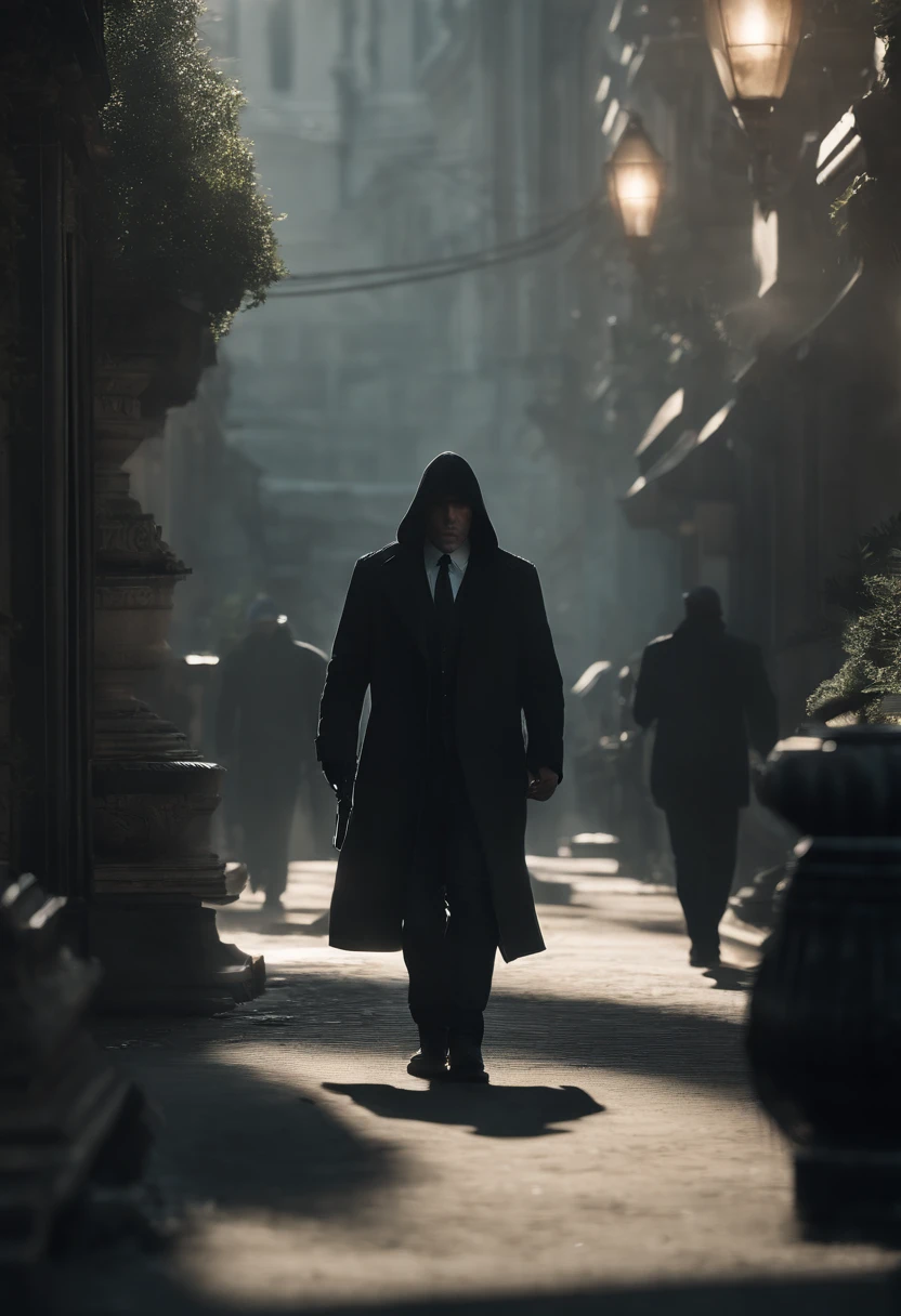 Generate a striking depiction of a 2077 AI hitman navigating a dusty and eerie world. Envision the hitman clad in a hooded cloak, strategically concealing broken parts to maintain an air of mystery. The cloak should be tattered and dust-laden, reflecting the desolate surroundings.
Detail the hitman wielding a futuristic fazer gun with sleek, deadly precision. Highlight the weapon's advanced design, incorporating intricate details and illuminating elements that convey its technological sophistication. Capture the play of light and shadow on the hitman's face, revealing just enough to hint at the artificial nature of their existence.
Emphasize the dystopian atmosphere of the world, with muted colors and a hauntingly quiet backdrop. Illuminate the scene with subtle, eerie lighting, casting long shadows that add to the overall sense of suspense and danger. Ensure that the hitman's stance exudes a calculated and lethal readiness, perfectly aligning with their role as a futuristic AI assassin in this grim and foreboding environment.