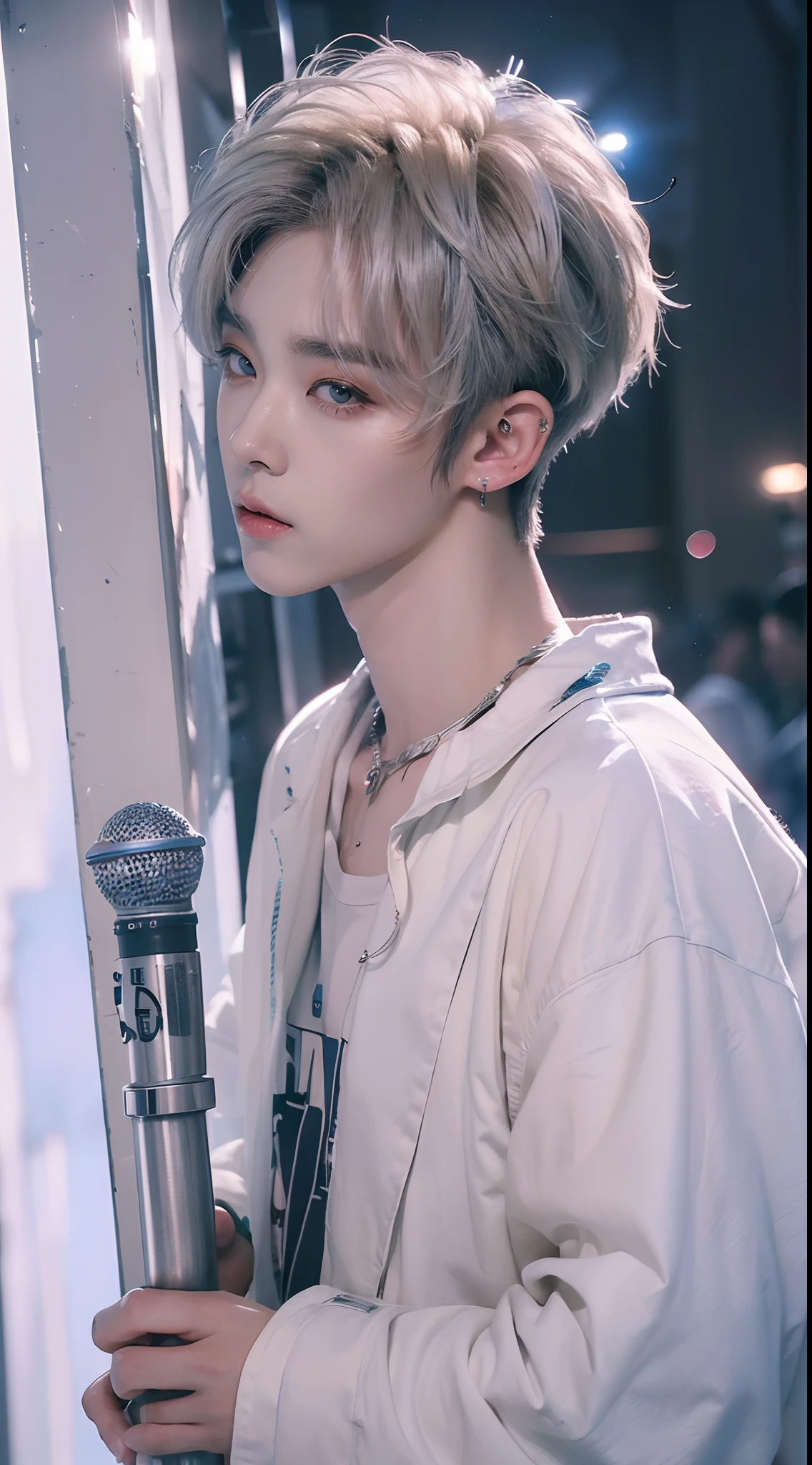 ((4K works))、​masterpiece、（top-quality)、((high-level image quality))、((One Manly Boy))、Slim body、((Attractive and sexy jeans fashion))、((Men's Fashion))、(Detailed beautiful eyes)、In a soundproof room、Record a song、Face similar to Chaewon in Ruseraphim、((short hair above the ears))、((Smaller face))、((Neutral face))、((White hair))、((Brown eyes))、((Korean boy))、((18year old))、((Handsome man))、((sings))、((Korean Makeup))、((elongated and sharp eyes))、((Like a celebrity))、Everyday photography、((Shot alone))、((Shot diagonally from the side))、((Upper body photography))、((He stands in front of the microphone stand))