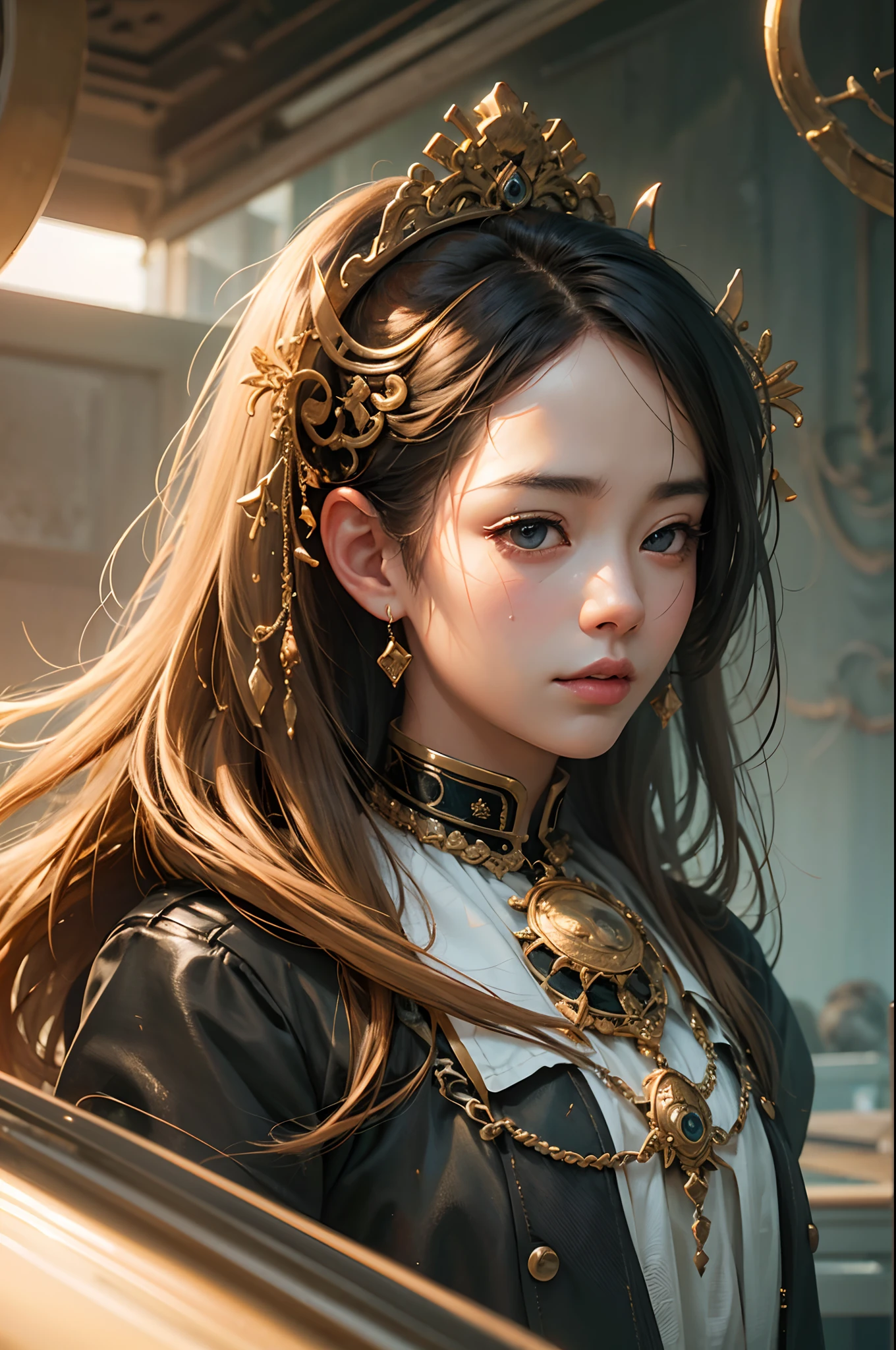 (RAW photo, Best quality), (Realistic, photo-realistic:1.3),Best quality,Highly detailed,Masterpiece,Ultra-detailed,illustration,1girll,The upper part of the body_Body,Dynamic Angle,world masterpiece theater,Messy_Long_Hair,Best quality,Extremely detailed Cg Unity 8K wallpaper,ink,Amazing,Cinematic lighting,lens_flare, dunhuang_Style