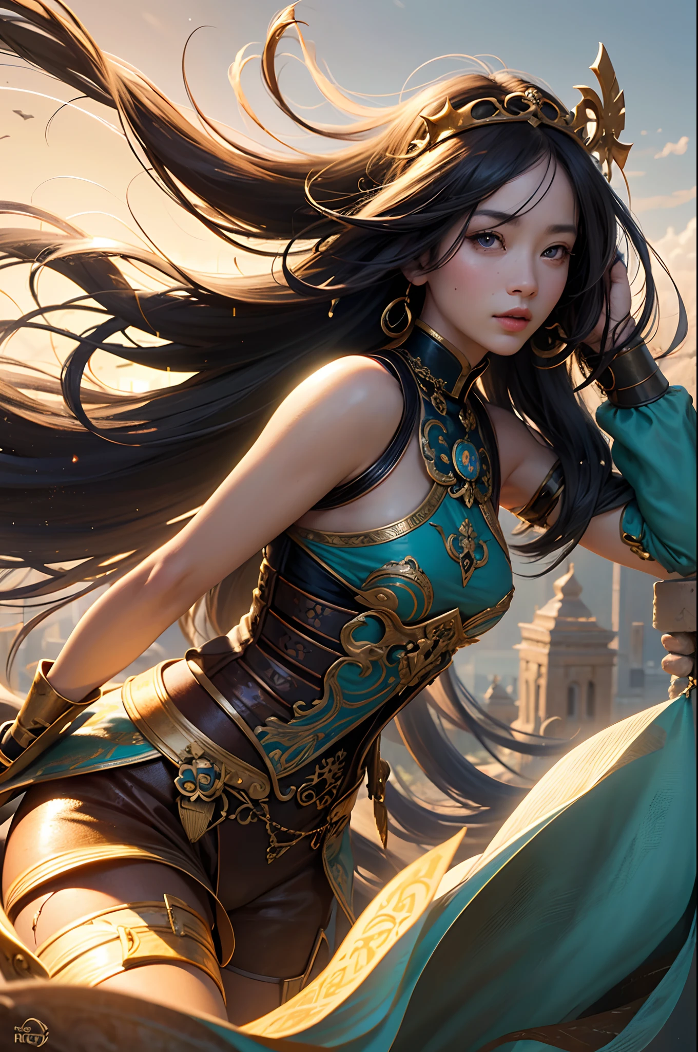 (RAW photo, Best quality), (Realistic, photo-realistic:1.3),Best quality,Highly detailed,Masterpiece,Ultra-detailed,illustration,1girll,The upper part of the body_Body,Dynamic Angle,world masterpiece theater,Messy_Long_Hair,Best quality,Extremely detailed Cg Unity 8K wallpaper,ink,Amazing,Cinematic lighting,lens_flare, dunhuang_Style