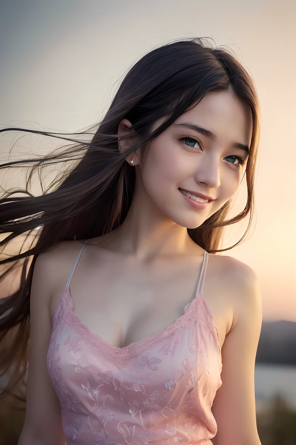 (8k, Best Quality, Masterpiece:1.2), (Realistic, Photorealistic:1.37), Ultra Detail, 1 Girl,Cute,Solo,Beautiful Detailed Sky,Date,(Blush),(Smile:1.15),(Closed Mouth)Small Breasts,Beautiful Detailed Eyes,(Long Hair: 1.2),Floating Hair NovaFrogStyle, Upper Body, Tank Top