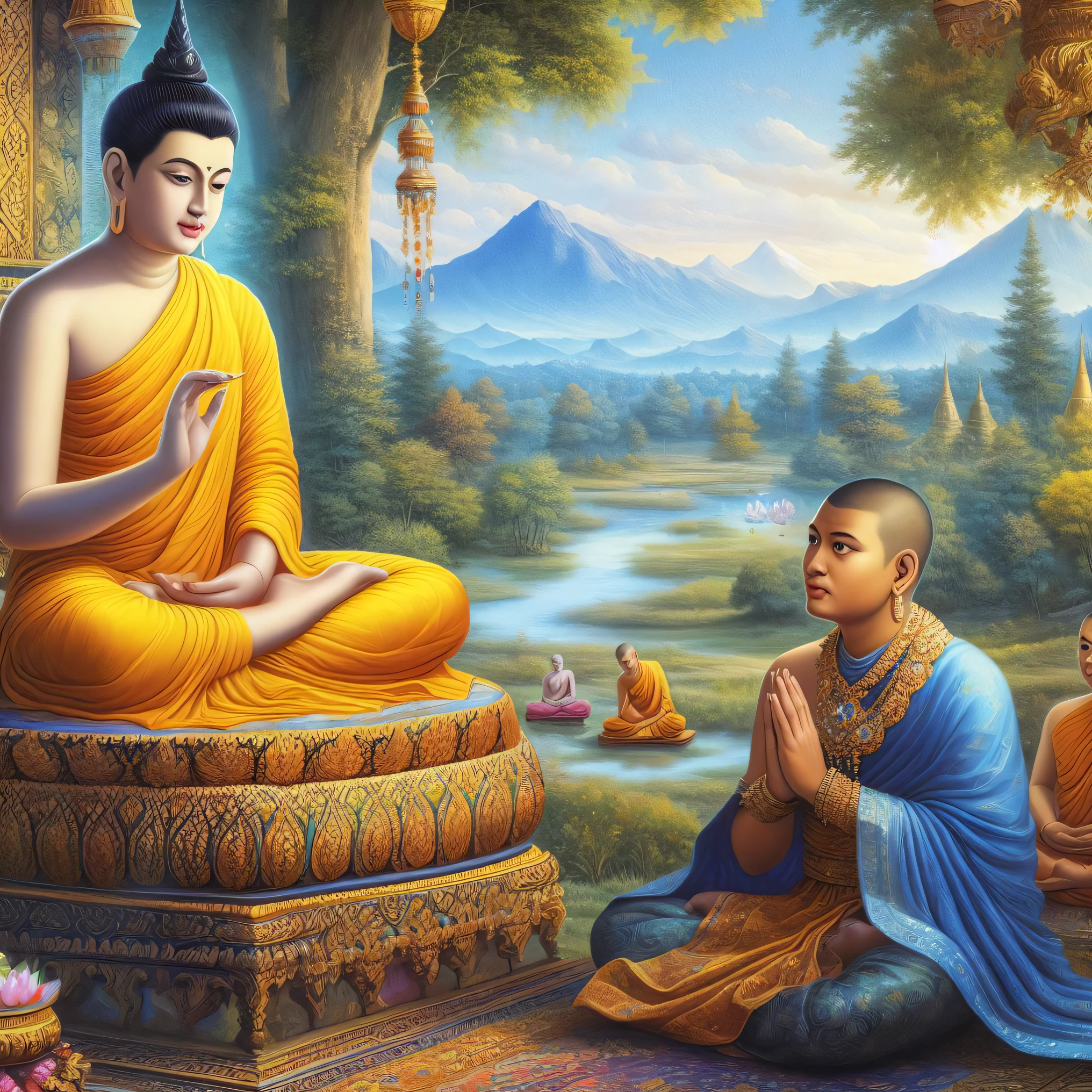 painting of a man sitting on a bench in front of a buddha, buddhism, buddhist, the buddha, buddhist art, on path to enlightenment, on the path to enlightenment, buddha, hindu stages of meditation, beautiful depiction, spiritual enlightenment, samsara, enlightenment, buddhist monk meditating, karma sutra, serene expression, monk meditate, by John La Gatta