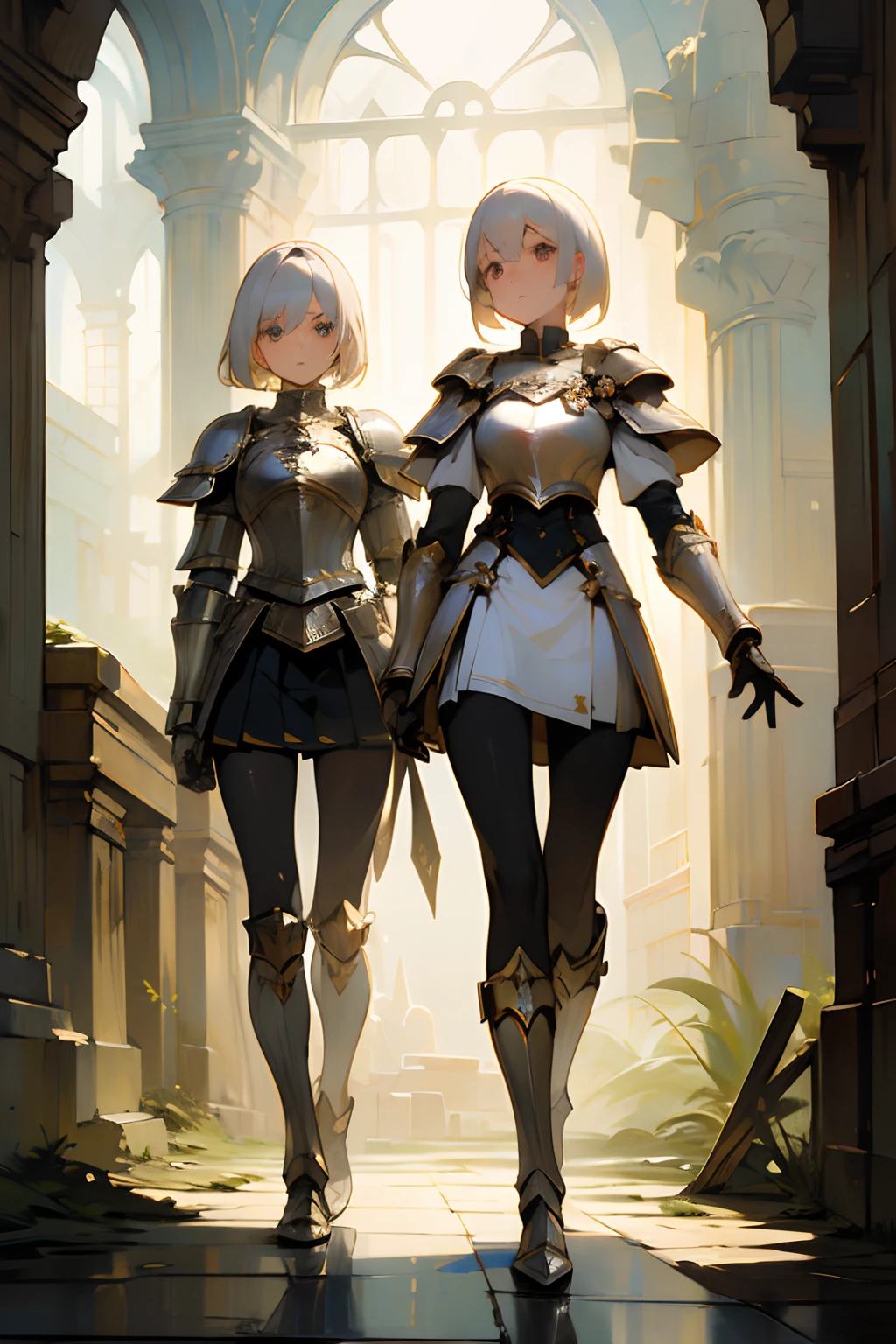 (((masterpiece))), (((best quality))), ((ultra-detailed)), (cinematic lighting), (illustration), (beautiful detailed eyes), (2girls), full body, space, knight, armour, light hair, skirt, walking, ruins, (masterpiece, 2girls A and B), best quality, expressive eyes, perfect face, Girl A: (blonde hair, long hair, wearing skirt, black pantyhose, silver armour), Girl B: (white hair, short hair, jumpsuit, white and gold armour),