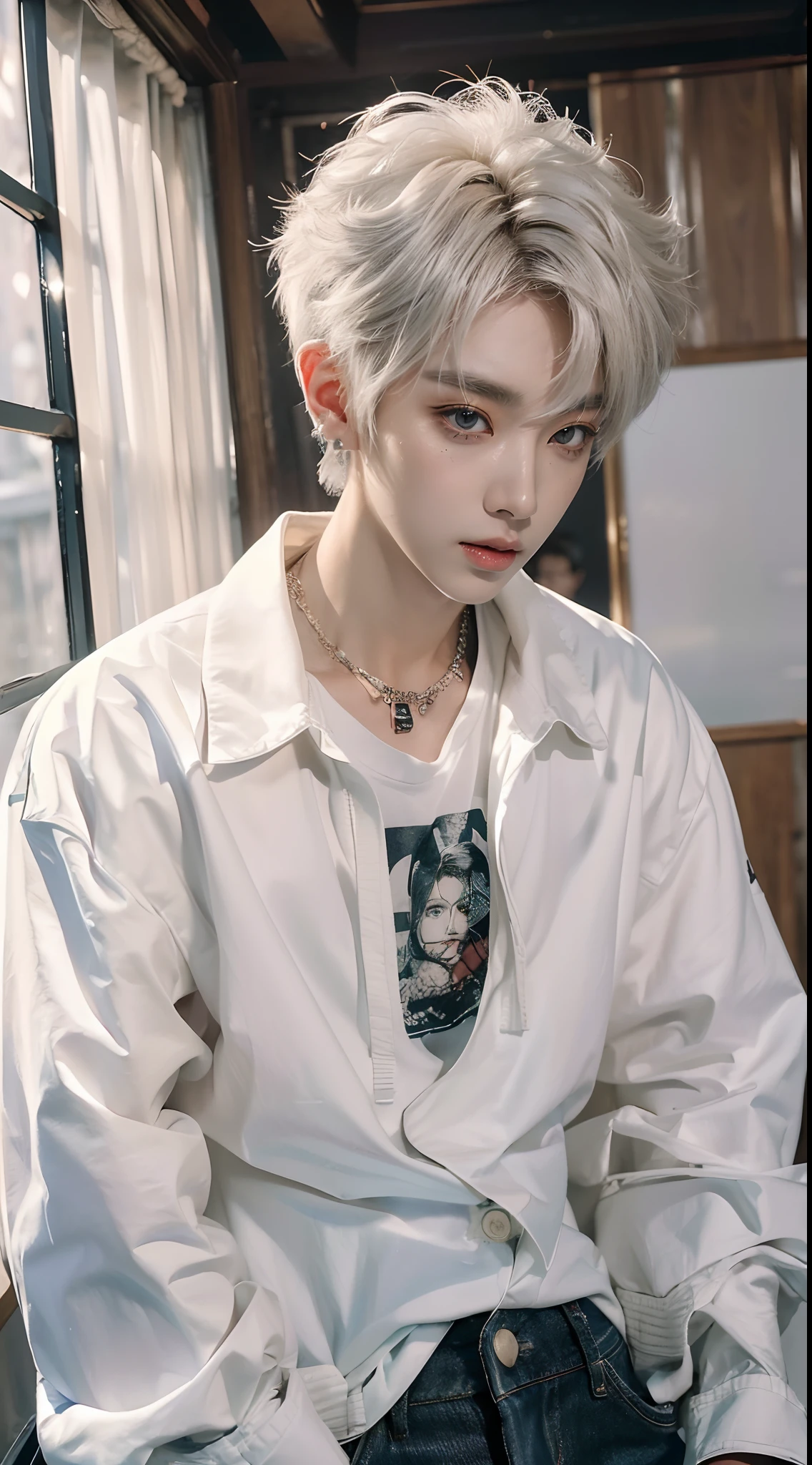 ((4K works))、masterpiece、(top-quality)、((high-level image quality))、((One Manly Boy))、Slim body、((Attractive and sexy jeans fashion))、((Men's Fashion))、(Detailed beautiful eyes)、In a soundproof room、Record a song、Face similar to Chaewon in Ruseraphim、((short hair above the ears))、((Smaller face))、((Neutral face))、((White hair))、((Brown eyes))、((Korean boy))、((18year old))、((Handsome man))、((sings))、((Korean Makeup))、((elongated and sharp eyes))、((Like a celebrity))、Everyday photography、((Shot alone))、((Shot diagonally from the side))、((Upper body photography))、((He stands in front of the microphone stand))