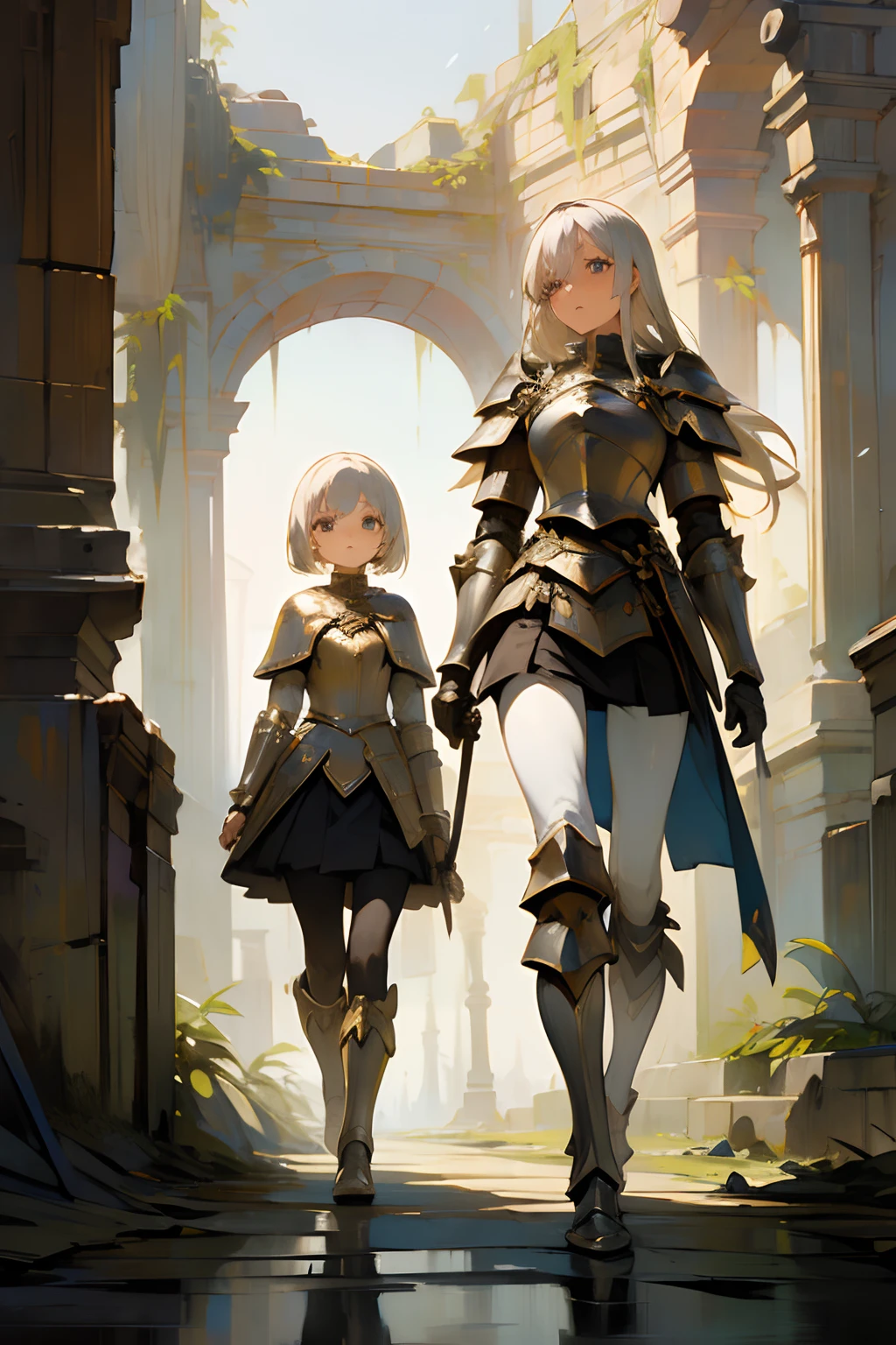 (((masterpiece))), (((best quality))), ((ultra-detailed)), (cinematic lighting), (illustration), (beautiful detailed eyes), (2girls), full body, space, knight, armour, light hair, skirt, walking, ruins, (masterpiece, 2girls A and B), best quality, expressive eyes, perfect face, Girl A: (blonde hair, long hair, wearing skirt, black pantyhose, silver armour), Girl B: (white hair, short hair, jumpsuit, white and gold armour),