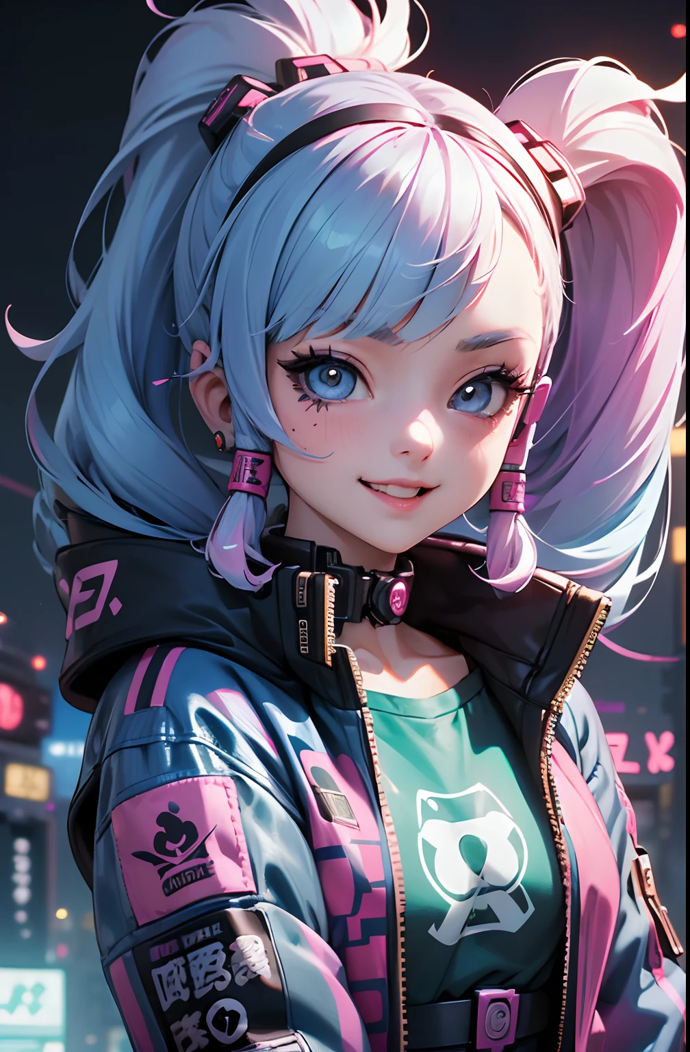 Anime masterpiece, best quality, (((laughing teenaged cyberpunk girl ((wearing detailed Harajuku tech jacket)) posing for portrait))), (((Harajuku cyberpunk clothing)))), (bold colors and patterns), eye-catching accessories, trendy and innovative hairstyle))), ((insane detail)), dazzling Cyberpunk cityscape, skyscrapers, glowing neon signs, (LED lights), anime illustration, detailed skin texture, detailed cloth texture, beautiful detailed face, intricate details, ultra detailed, strong contrast, colorful.