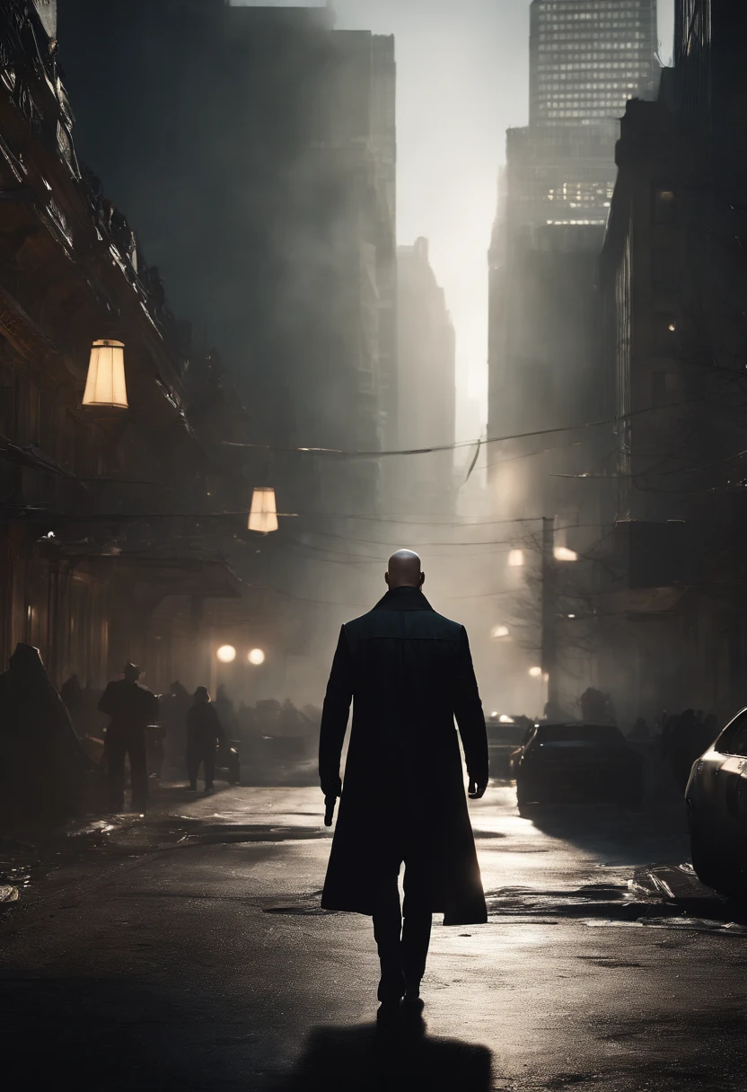 Generate a striking depiction of a 2077 AI hitman navigating a dusty and eerie world. Envision the hitman clad in a hooded cloak, strategically concealing broken parts to maintain an air of mystery. The cloak should be tattered and dust-laden, reflecting the desolate surroundings.

Detail the hitman wielding a futuristic fazer gun with sleek, deadly precision. Highlight the weapon's advanced design, incorporating intricate details and illuminating elements that convey its technological sophistication. Capture the play of light and shadow on the hitman's face, revealing just enough to hint at the artificial nature of their existence.

Emphasize the dystopian atmosphere of the world, with muted colors and a hauntingly quiet backdrop. Illuminate the scene with subtle, eerie lighting, casting long shadows that add to the overall sense of suspense and danger. Ensure that the hitman's stance exudes a calculated and lethal readiness, perfectly aligning with their role as a futuristic AI assassin in this grim and foreboding environment.