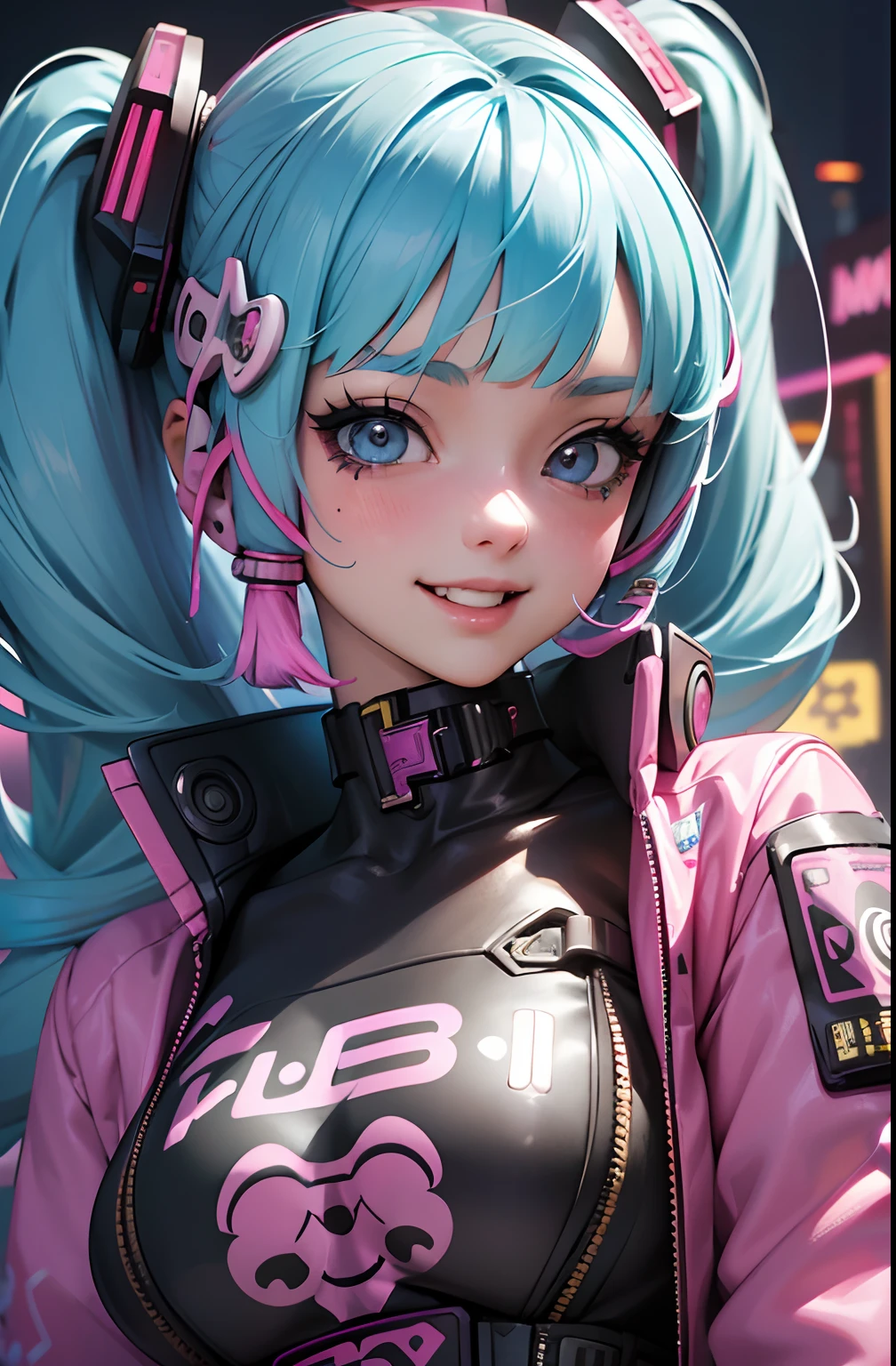 Anime masterpiece, best quality, (((laughing aged cyberpunk girl ((wearing detailed Harajuku tech jacket)) posing for portrait))), (((Harajuku cyberpunk clothing)))), (bold colors and patterns), eye-catching accessories, trendy and innovative hairstyle))), ((insane detail)), dazzling Cyberpunk cityscape, skyscrapers, glowing neon signs, (LED lights), anime illustration, detailed skin texture, detailed cloth texture, beautiful detailed face, intricate details, ultra detailed, strong contrast, colorful.