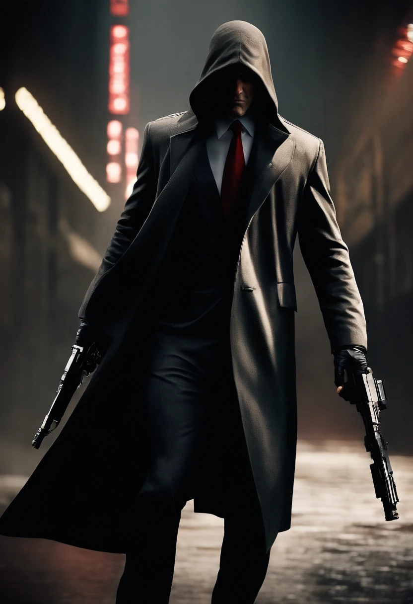 Generate a striking depiction of a 2077 AI hitman navigating a dusty and eerie world. Envision the hitman clad in a hooded cloak, strategically concealing broken parts to maintain an air of mystery. The cloak should be tattered and dust-laden, reflecting the desolate surroundings.

Detail the hitman wielding a futuristic fazer gun with sleek, deadly precision. Highlight the weapon's advanced design, incorporating intricate details and illuminating elements that convey its technological sophistication. Capture the play of light and shadow on the hitman's face, revealing just enough to hint at the artificial nature of their existence.

Emphasize the dystopian atmosphere of the world, with muted colors and a hauntingly quiet backdrop. Illuminate the scene with subtle, eerie lighting, casting long shadows that add to the overall sense of suspense and danger. Ensure that the hitman's stance exudes a calculated and lethal readiness, perfectly aligning with their role as a futuristic AI assassin in this grim and foreboding environment.