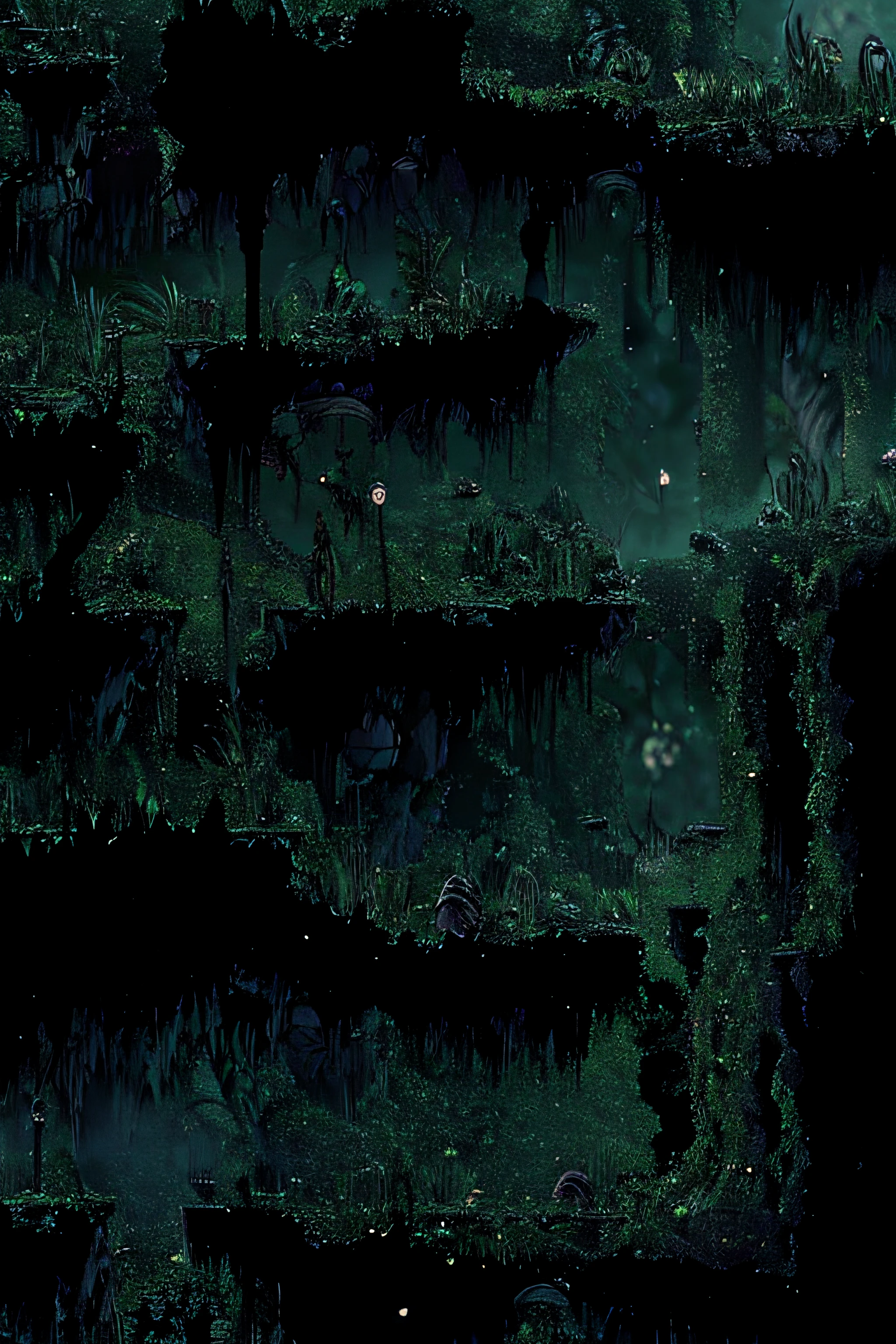 a 2D bacground of a cave with a biome with a lot of vegetation anda structures of an destroyed civilization with the art style of hollow knight game