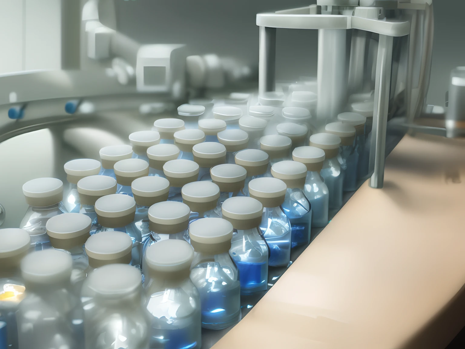 Pharmaceutical Manufacturing, Glass vials with medicine are going along the conveyor