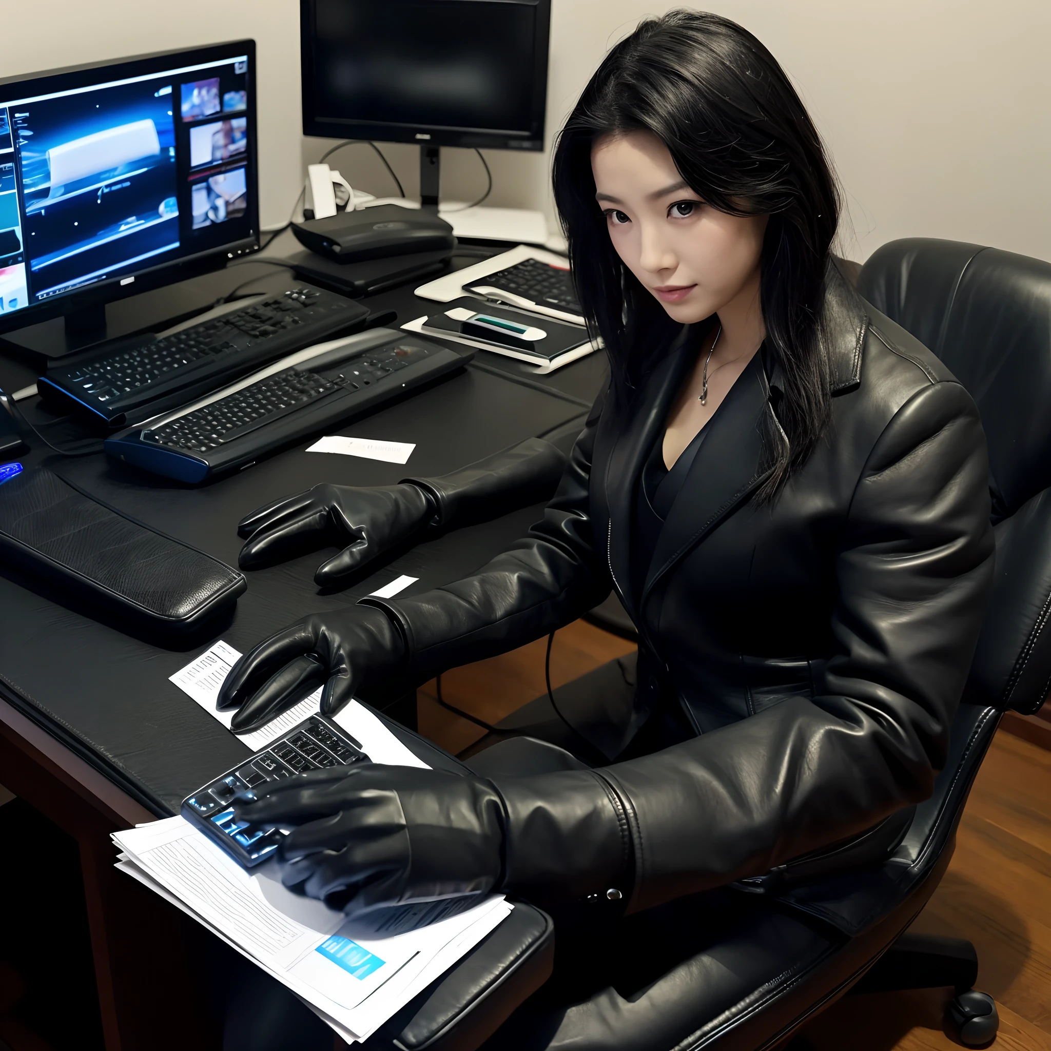 Black upper body in both hands in a black business suit, Facing the desk in my room with a computer in the dark, While looking at the screen, he taps the keys on the computer keyboard with the fingertips of the black leather gloves of both hands,Sitting on a large chair with a black leather backrest、 Black hair was tied back for a long time, Japan Female New Employees (Black leather gloves cover both hands) (The angle is frontal)