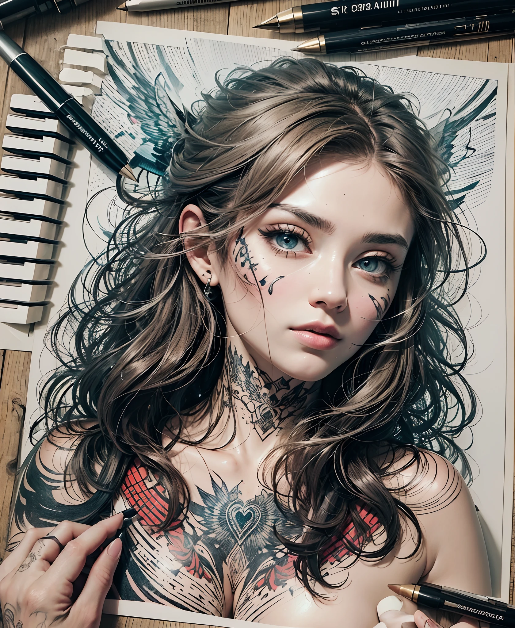 uma arte para tatuagem line art gotas de tinta ,uma pen e um artista tatuador --auto --s2