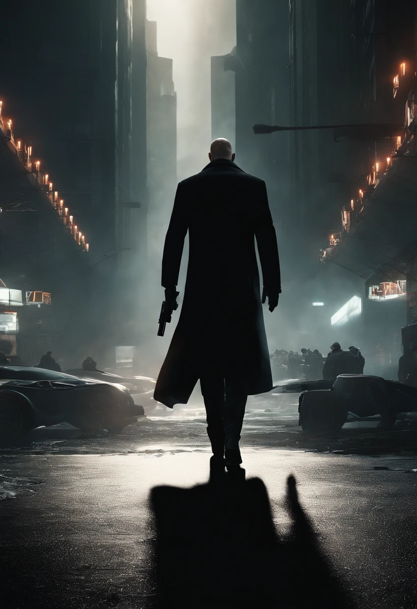 Generate a striking depiction of a 2077 AI hitman navigating a dusty and eerie world. Envision the hitman clad in a hooded cloak, strategically concealing broken parts to maintain an air of mystery. The cloak should be tattered and dust-laden, reflecting the desolate surroundings.
Detail the hitman wielding a futuristic fazer gun with sleek, deadly precision. Highlight the weapon's advanced design, incorporating intricate details and illuminating elements that convey its technological sophistication. Capture the play of light and shadow on the hitman's face, revealing just enough to hint at the artificial nature of their existence.
Emphasize the dystopian atmosphere of the world, with muted colors and a hauntingly quiet backdrop. Illuminate the scene with subtle, eerie lighting, casting long shadows that add to the overall sense of suspense and danger. Ensure that the hitman's stance exudes a calculated and lethal readiness, perfectly aligning with their role as a futuristic AI assassin in this grim and foreboding environment.