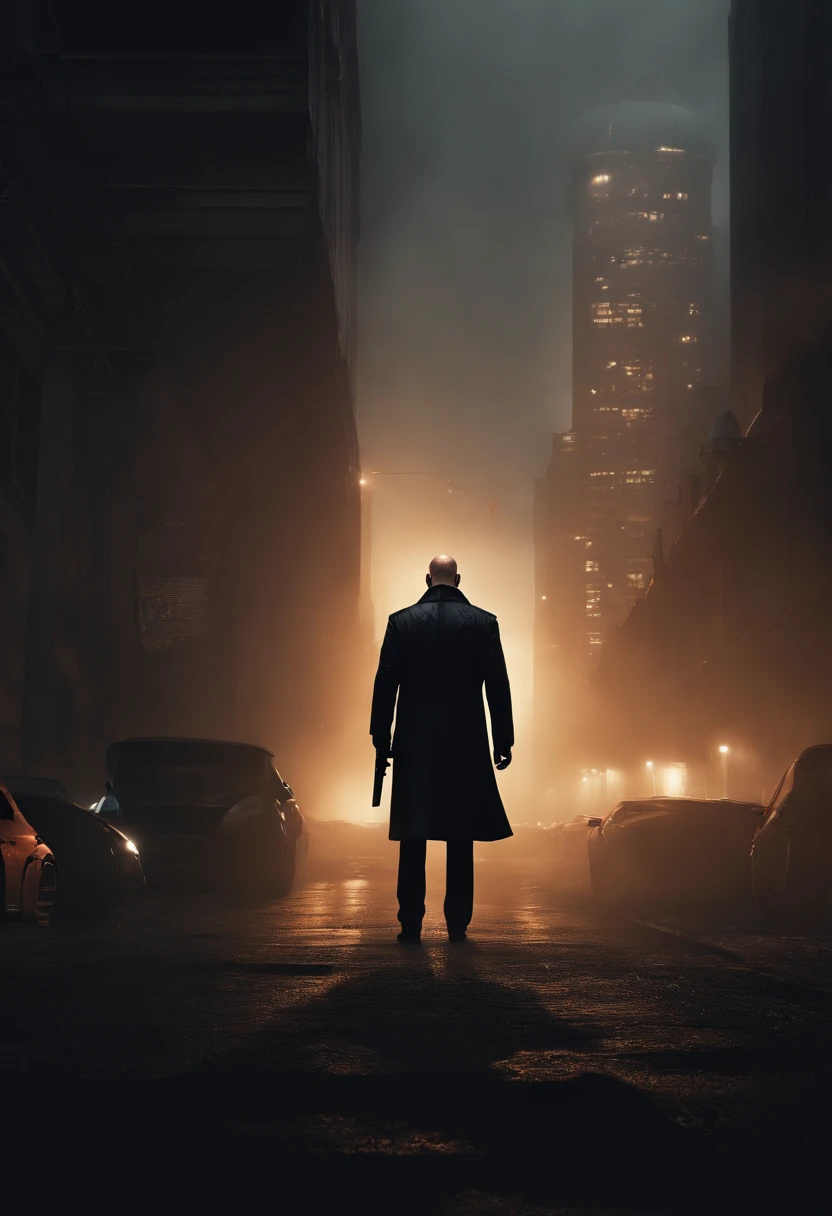 Generate a striking depiction of a 2077 AI hitman navigating a dusty and eerie world. Envision the hitman clad in a hooded cloak, strategically concealing broken parts to maintain an air of mystery. The cloak should be tattered and dust-laden, reflecting the desolate surroundings.

Detail the hitman wielding a futuristic fazer gun with sleek, deadly precision. Highlight the weapon's advanced design, incorporating intricate details and illuminating elements that convey its technological sophistication. Capture the play of light and shadow on the hitman's face, revealing just enough to hint at the artificial nature of their existence.

Emphasize the dystopian atmosphere of the world, with muted colors and a hauntingly quiet backdrop. Illuminate the scene with subtle, eerie lighting, casting long shadows that add to the overall sense of suspense and danger. Ensure that the hitman's stance exudes a calculated and lethal readiness, perfectly aligning with their role as a futuristic AI assassin in this grim and foreboding environment.
