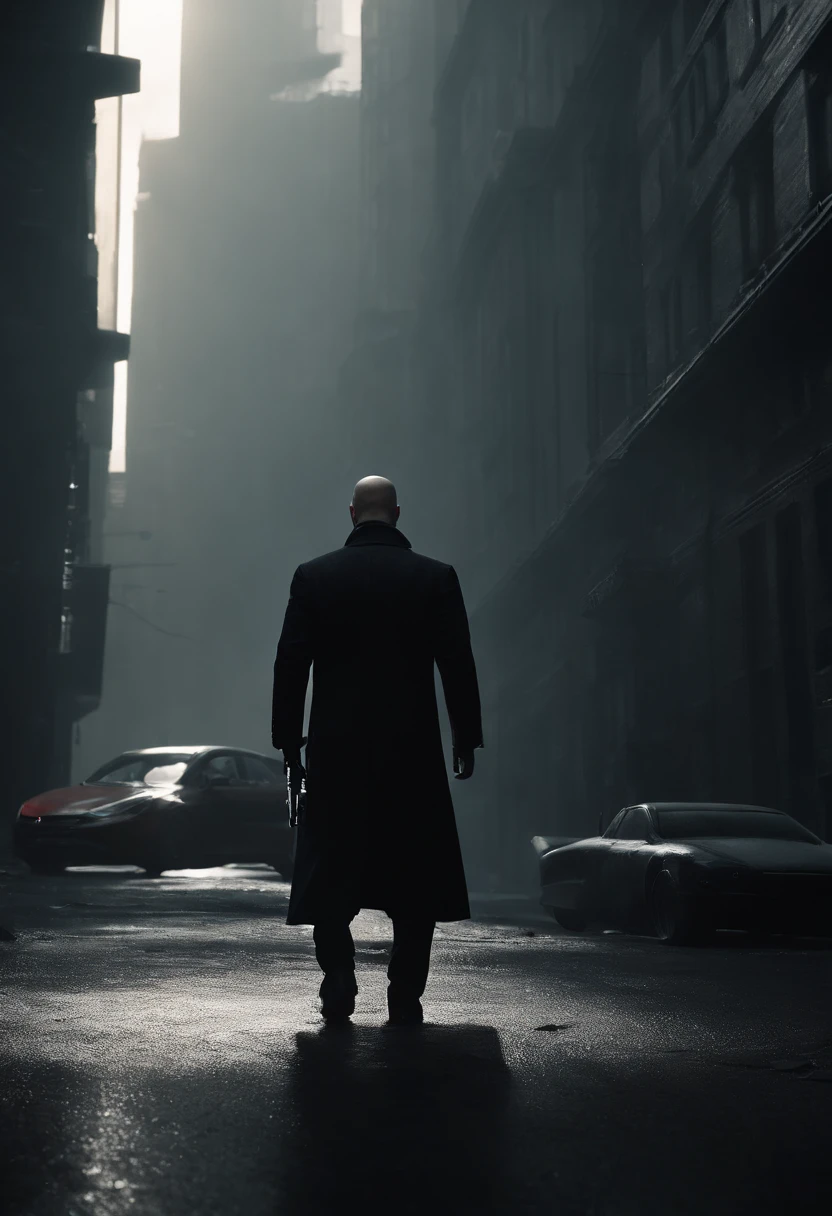 Generate a striking depiction of a 2077 AI hitman navigating a dusty and eerie world. Envision the hitman clad in a hooded cloak, strategically concealing broken parts to maintain an air of mystery. The cloak should be tattered and dust-laden, reflecting the desolate surroundings.

Detail the hitman wielding a futuristic fazer gun with sleek, deadly precision. Highlight the weapon's advanced design, incorporating intricate details and illuminating elements that convey its technological sophistication. Capture the play of light and shadow on the hitman's face, revealing just enough to hint at the artificial nature of their existence.

Emphasize the dystopian atmosphere of the world, with muted colors and a hauntingly quiet backdrop. Illuminate the scene with subtle, eerie lighting, casting long shadows that add to the overall sense of suspense and danger. Ensure that the hitman's stance exudes a calculated and lethal readiness, perfectly aligning with their role as a futuristic AI assassin in this grim and foreboding environment.