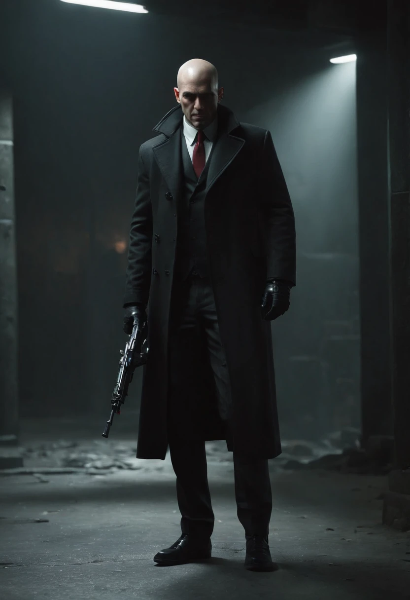 Generate a striking depiction of a 2077 AI hitman navigating a dusty and eerie world. Envision the hitman clad in a hooded cloak, strategically concealing broken parts to maintain an air of mystery. The cloak should be tattered and dust-laden, reflecting the desolate surroundings.

Detail the hitman wielding a futuristic fazer gun with sleek, deadly precision. Highlight the weapon's advanced design, incorporating intricate details and illuminating elements that convey its technological sophistication. Capture the play of light and shadow on the hitman's face, revealing just enough to hint at the artificial nature of their existence.

Emphasize the dystopian atmosphere of the world, with muted colors and a hauntingly quiet backdrop. Illuminate the scene with subtle, eerie lighting, casting long shadows that add to the overall sense of suspense and danger. Ensure that the hitman's stance exudes a calculated and lethal readiness, perfectly aligning with their role as a futuristic AI assassin in this grim and foreboding environment.