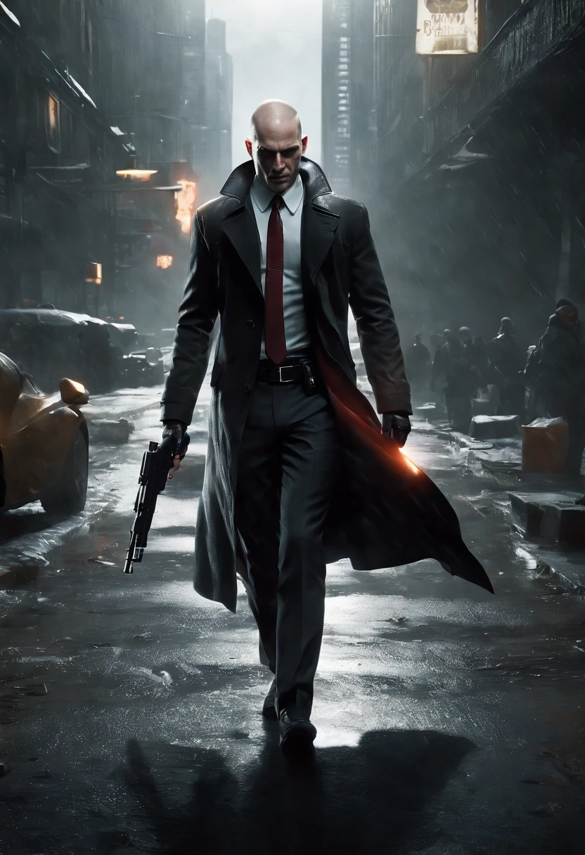 Generate a striking depiction of a 2077 AI hitman navigating a dusty and eerie world. Envision the hitman clad in a hooded cloak, strategically concealing broken parts to maintain an air of mystery. The cloak should be tattered and dust-laden, reflecting the desolate surroundings.
Detail the hitman wielding a futuristic fazer gun with sleek, deadly precision. Highlight the weapon's advanced design, incorporating intricate details and illuminating elements that convey its technological sophistication. Capture the play of light and shadow on the hitman's face, revealing just enough to hint at the artificial nature of their existence.
Emphasize the dystopian atmosphere of the world, with muted colors and a hauntingly quiet backdrop. Illuminate the scene with subtle, eerie lighting, casting long shadows that add to the overall sense of suspense and danger. Ensure that the hitman's stance exudes a calculated and lethal readiness, perfectly aligning with their role as a futuristic AI assassin in this grim and foreboding environment.