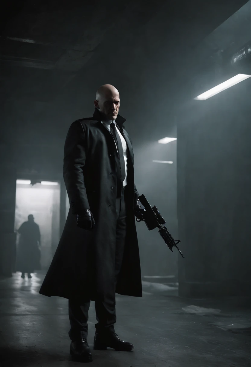 Generate a striking depiction of a 2077 AI hitman navigating a dusty and eerie world. Envision the hitman clad in a hooded cloak, strategically concealing broken parts to maintain an air of mystery. The cloak should be tattered and dust-laden, reflecting the desolate surroundings.

Detail the hitman wielding a futuristic fazer gun with sleek, deadly precision. Highlight the weapon's advanced design, incorporating intricate details and illuminating elements that convey its technological sophistication. Capture the play of light and shadow on the hitman's face, revealing just enough to hint at the artificial nature of their existence.

Emphasize the dystopian atmosphere of the world, with muted colors and a hauntingly quiet backdrop. Illuminate the scene with subtle, eerie lighting, casting long shadows that add to the overall sense of suspense and danger. Ensure that the hitman's stance exudes a calculated and lethal readiness, perfectly aligning with their role as a futuristic AI assassin in this grim and foreboding environment.