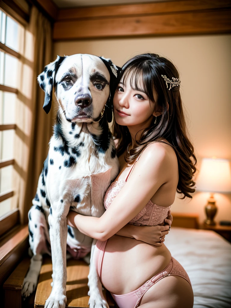 wedding photos,Souvenir photo with the dog,Young pregnant woman posing with adult dog Dalmatian、Pregnant woman with a sad face、The Dalmatians come from behind