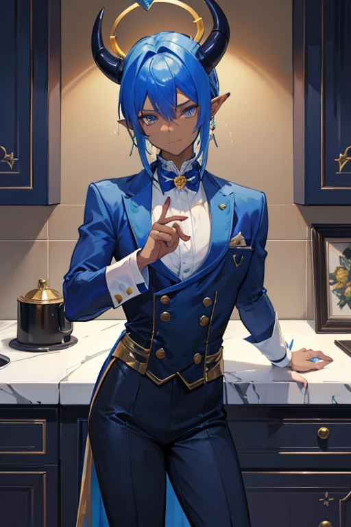 A dark blue skinned dragon man with golden eyes and blue hair and horns and a blue tail and blue skin is posing in the kitchen in a butler's outfit with a golden earring hanging off of his pointed ears.