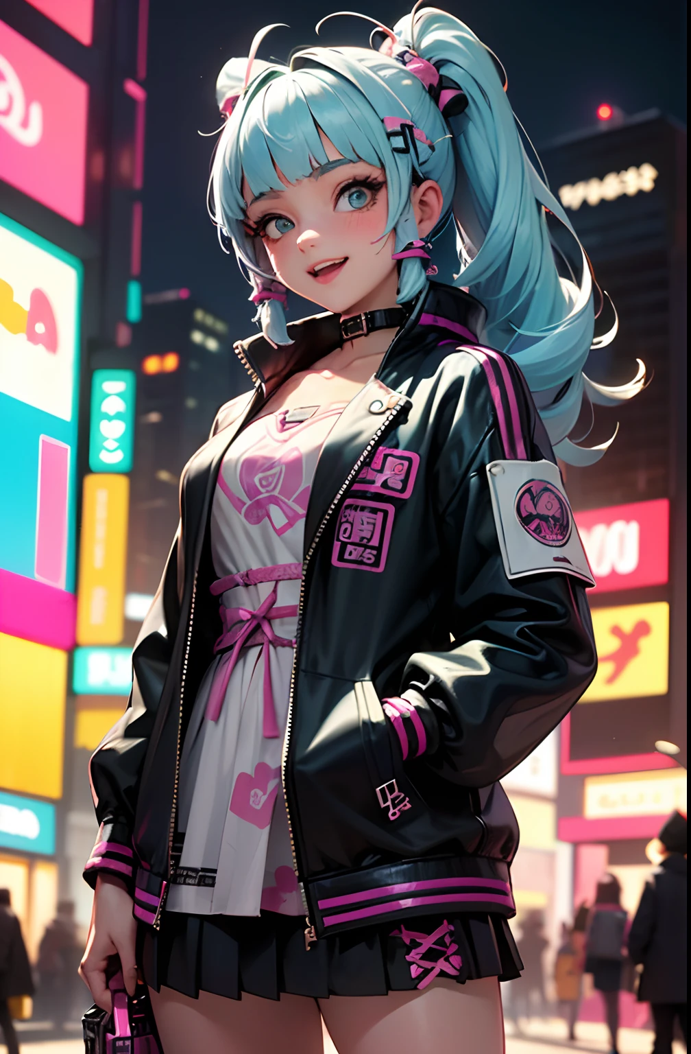 Anime masterpiece, best quality, (((laughing aged cyberpunk girl ((wearing detailed Harajuku tech jacket)), (((Harajuku cyberpunk clothing)))), (bold colors and patterns), eye-catching accessories, trendy and innovative hairstyle))), (cowboy shot), ((insane detail)), dazzling Cyberpunk cityscape, skyscrapers, glowing neon signs, (LED lights), anime illustration, detailed skin texture, detailed cloth texture, beautiful detailed face, intricate details, ultra detailed, strong contrast, colorful.