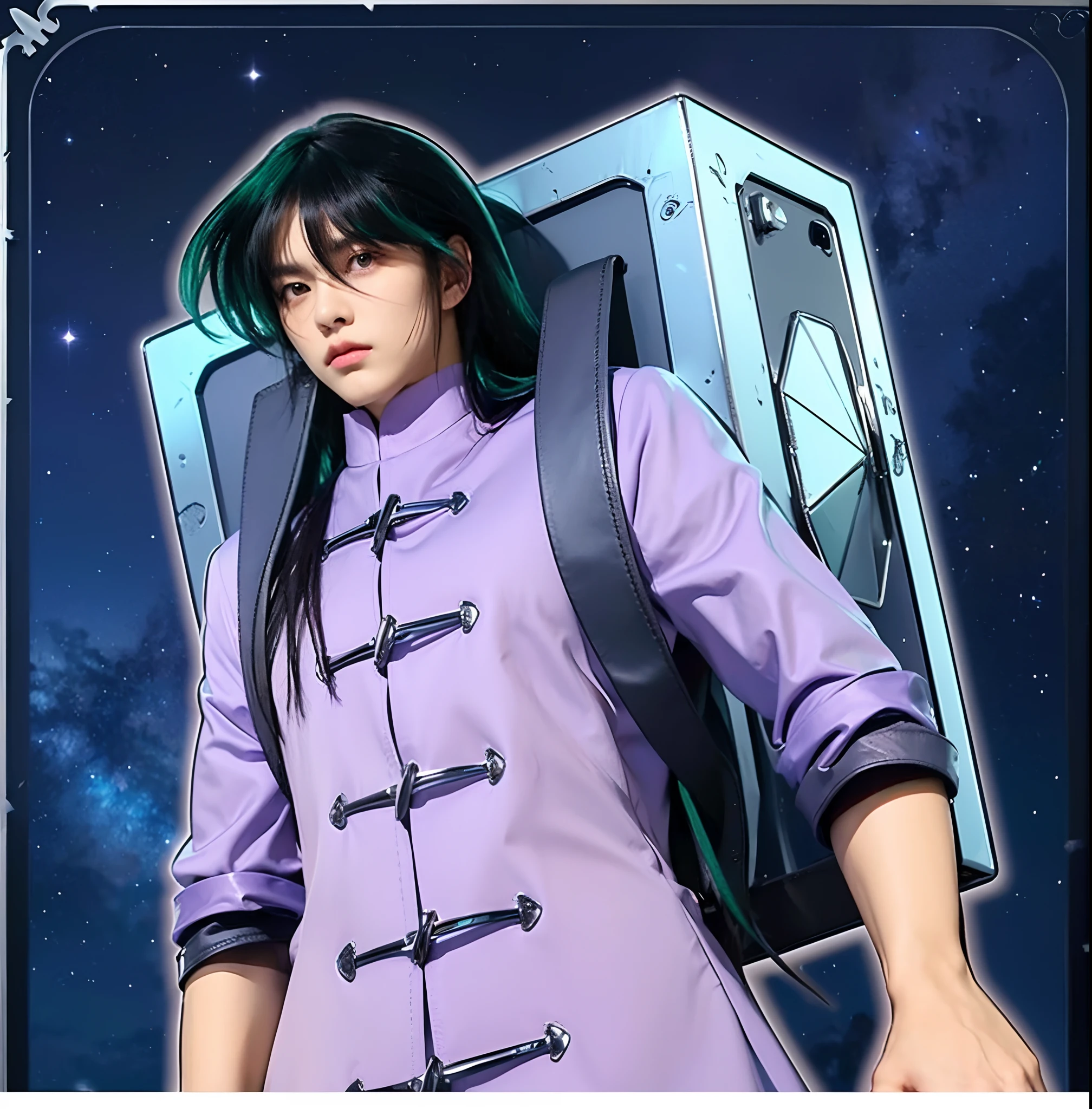 (masterpiece), (realistic), half body, (male) of 18 years old, Japanese (1boy), slightly side view, serious powerful look, solo, (handsome man), ((pretty big green eyes)), ((well done eyes)), looking in front, long straight messy black hair, ((bangs)), hair blowing in the air, (beardless), masculine Chinese tunic light purple, leather straps, metallic (Chrome) box on his back, night starry sky background, cinematic lighting.