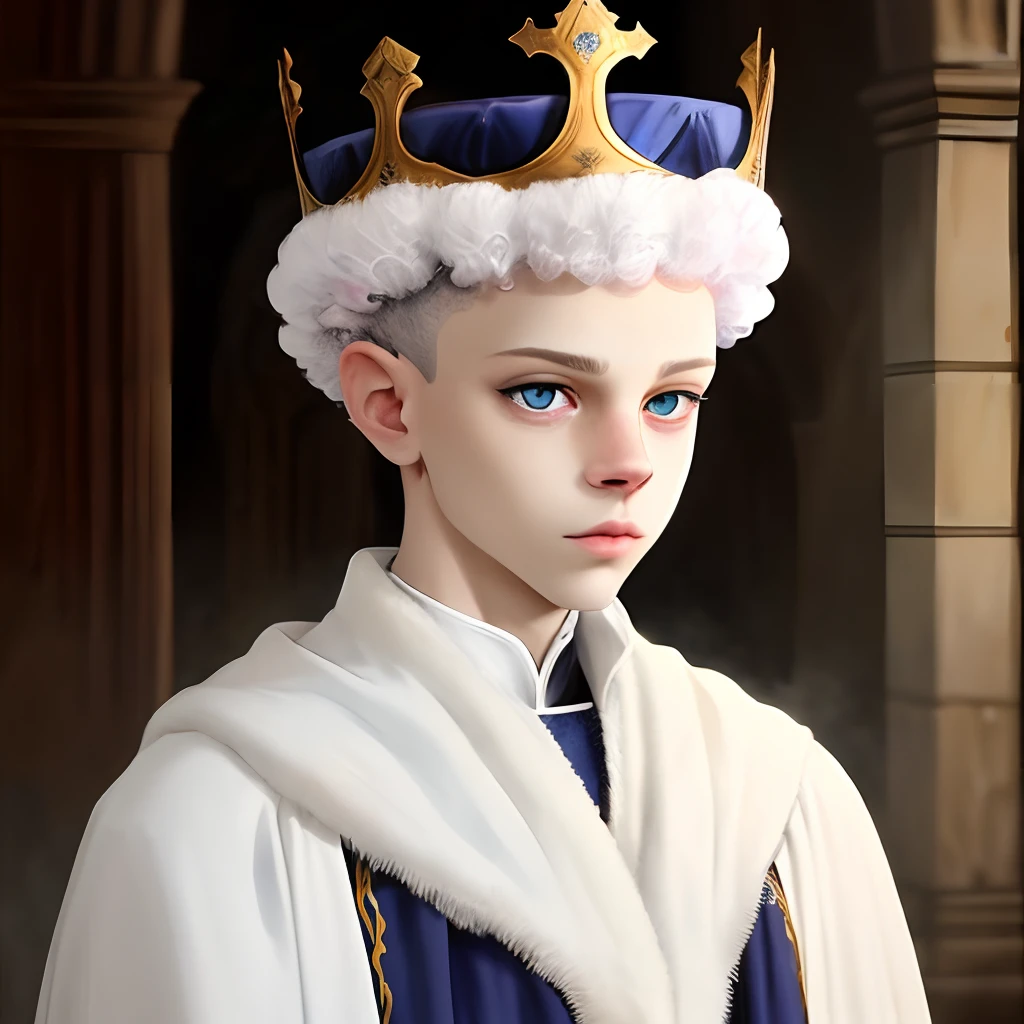 Devon Rex cat all white blue eyes black nose tip wearing big crown and royal robe