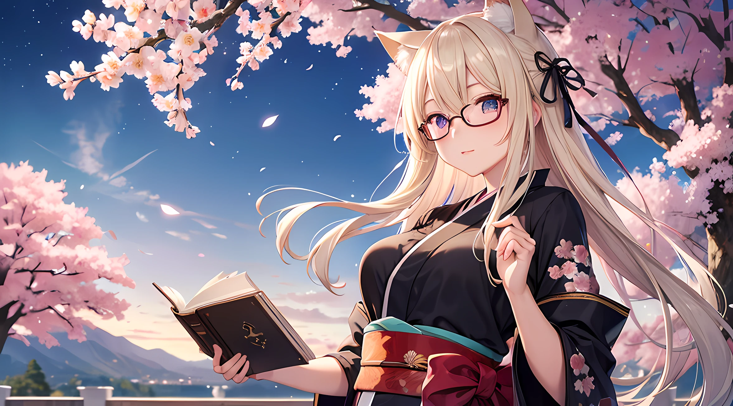 Japanese Beauty (blondes Haar, Pferdeschwanz, hair pulled back:1.4, glasses), Mond, Nacht, voll_Mond, 1girl, einsam, (alleine), Kirsche_Blossoms, lang_Haar, Himmel, nur, Haar_ribbon, boobs, Nacht_Himmel, Lila_Augen, blond_Haar, aussehend_Back, Back, Brille, buch in der Hand, Von_hinten, Baum, aussehend_bei_Betrachter, sexy, soft smile, al fresco, Wolke, gut, gescheitelt_Lippen, Kimono, sexy, gestirnt_Himme, Stern_(Himmel), sitzend, sehr_lang_Haar, Blume, cherry_blossom, Katzenohren, cherry blossoms, kimono, cat ears, perfect face, perfect eyes, perfect hands, seductive glance, book in Hand
