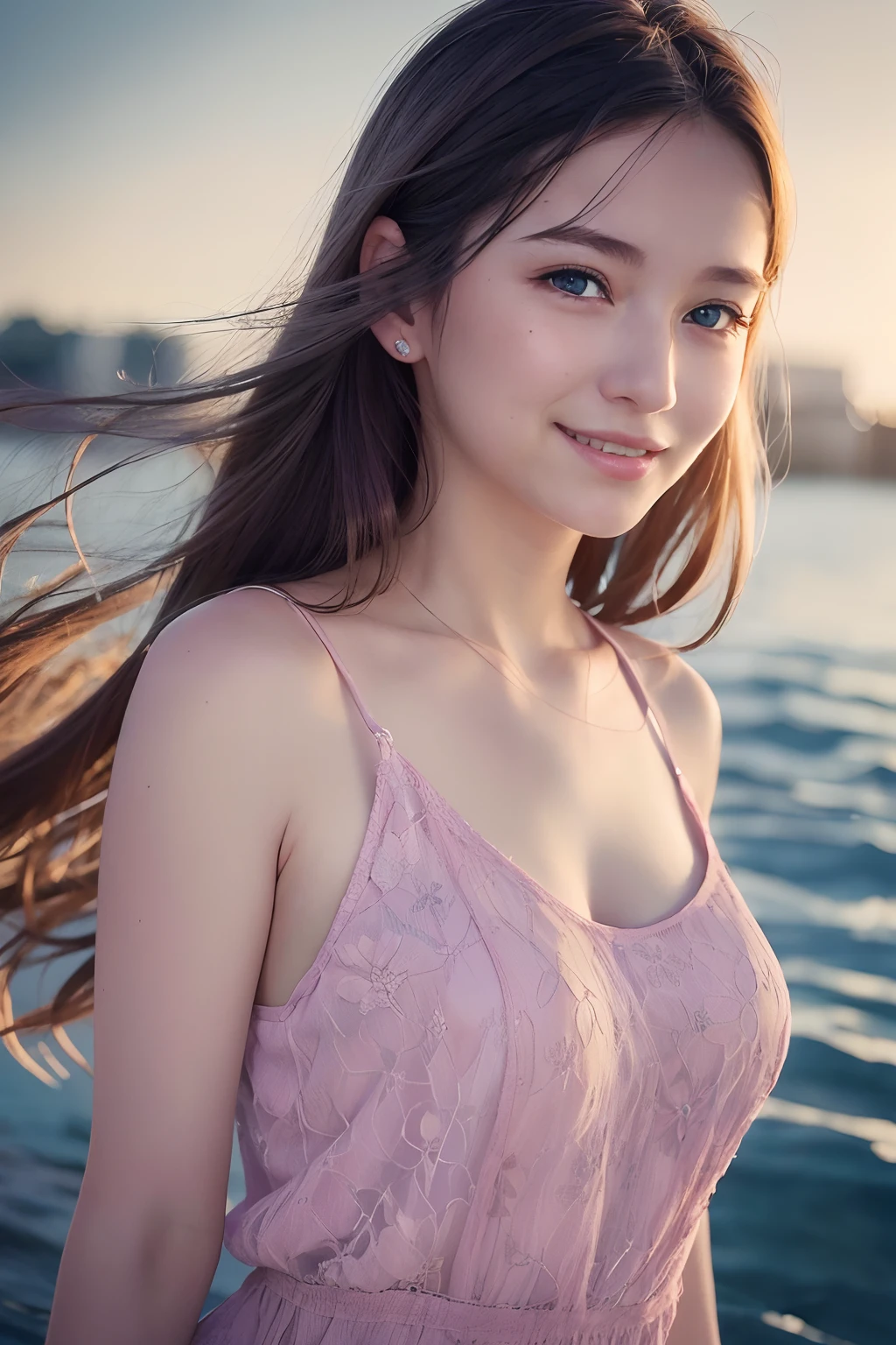 (8k, Best Quality, Masterpiece:1.2), (Realistic, Photorealistic:1.37), Ultra Detail, 1 Girl,Cute,Solo,Beautiful Detailed Sky,Date,(Blush),(Smile:1.15),(Closed Mouth)Small Breasts,Beautiful Detailed Eyes,(Long Hair: 1.2),Floating Hair NovaFrogStyle, Upper Body, Tank Top